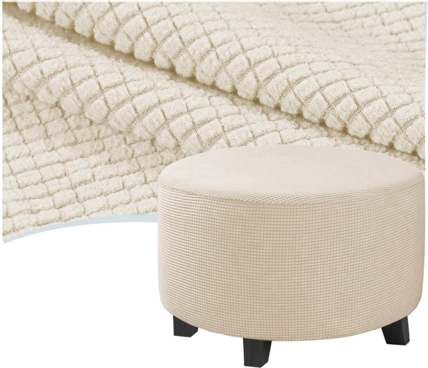 Custom Ottoman Cover Round Small - Large, Stretch Ottoman Slipcover, Storage Stool Covers, Furniture Protector for Footrest Footstool Hassock Pouf with Elastic Bottom(Beige,Diameter 35")