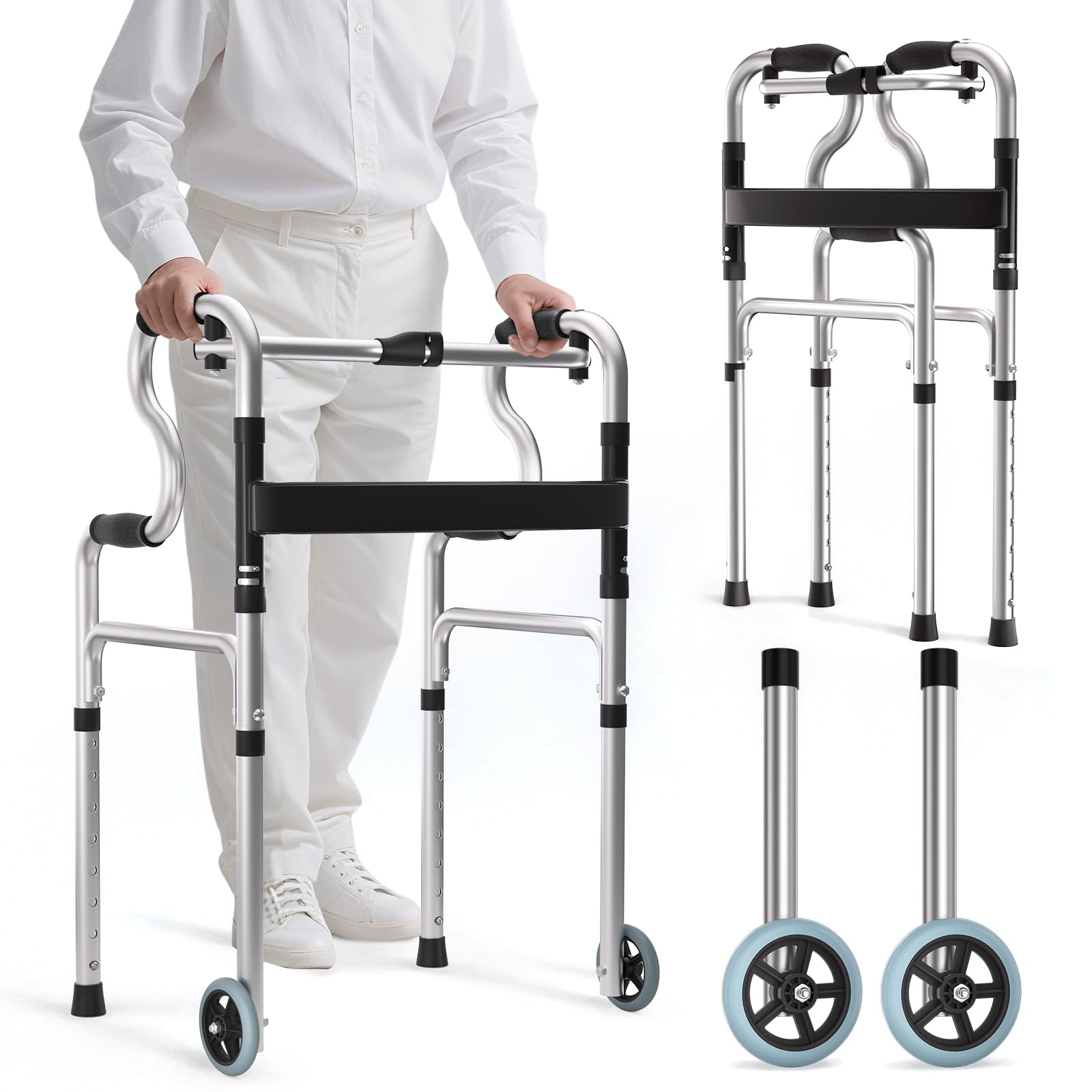 Deambulatore per Anziani,regolabile in altezza con 2 ruote piroettanti,Deambulatore pieghevole leggero,Leggero E Resistente Fino A 180kg, Adatto A Disabili E Anziani