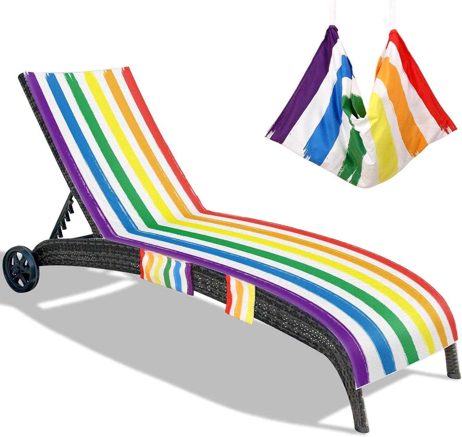 MOUNTCLIM Rainbow Lounge Chair Cover, Beach Chair Cover with Side Pockets Soft Quick