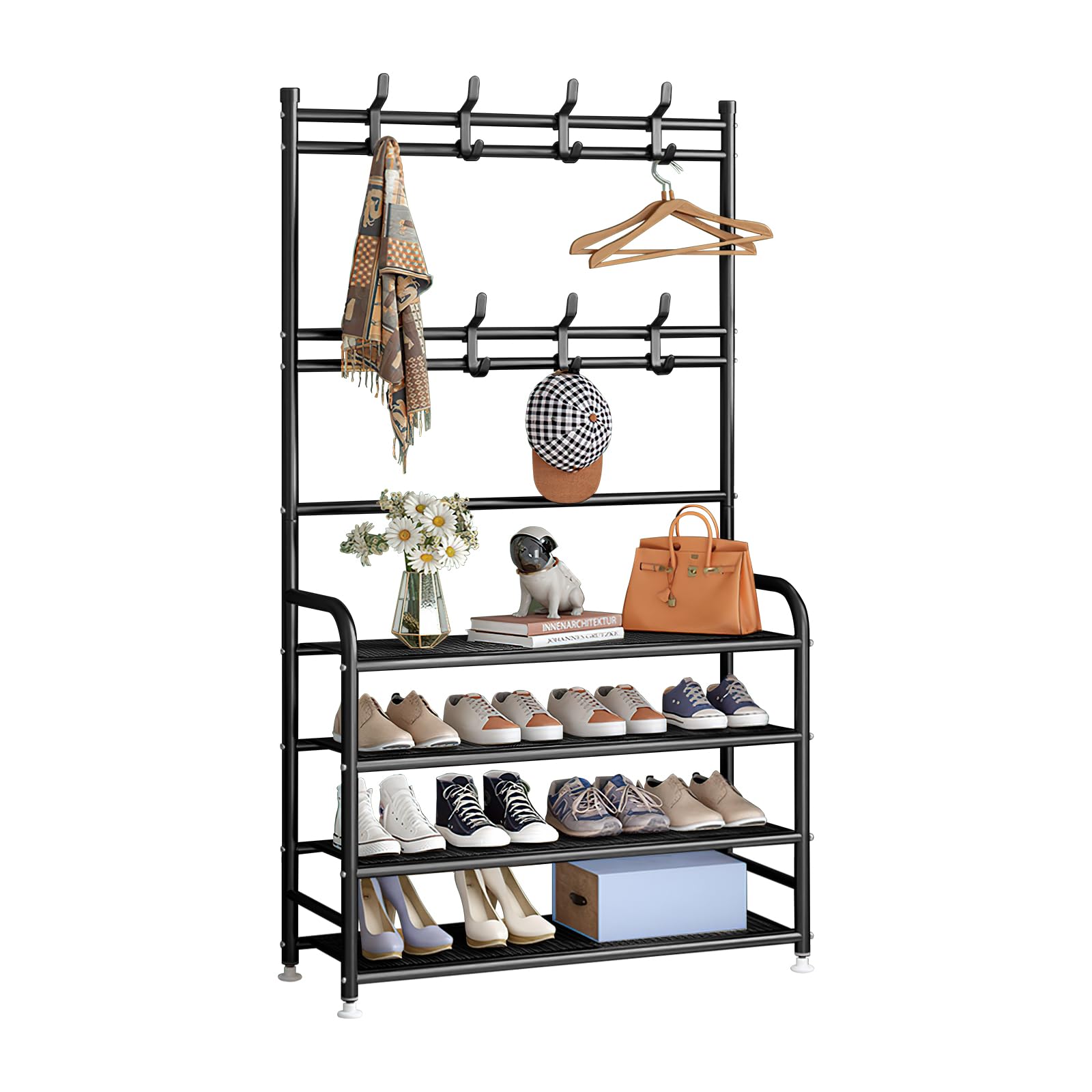 Shoe Rack, 3 in1 Coat and Shoe Rack Entryway, Shoes Cabinet Organizer, Entryway Coat rack with 8 Hooks, Multi-Function Organizer, Boots Storage Shelf for living Room Bedroom(Black, 4 Tier)