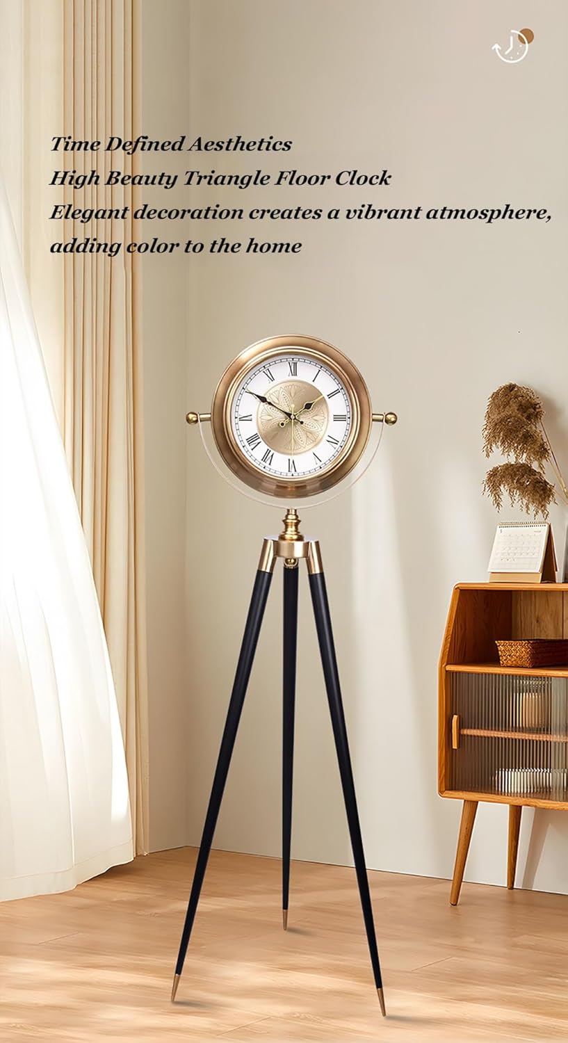 Floor Clock, Triangle Floor Clock, Light Luxury Grandfather Clock, European Retro Style Floor Clock, Silent Floor Clock, Metal Grandfather Clock with Decorative Floor Tripod Art Decoration, home Decor