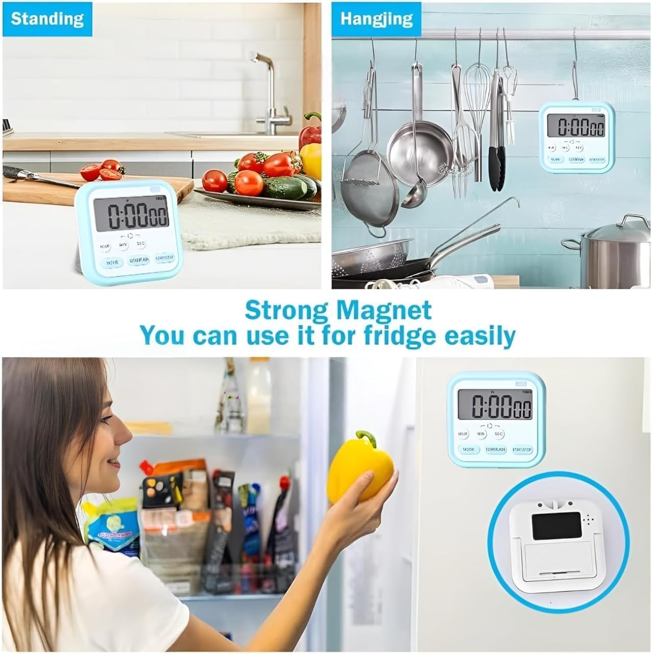 Topinon Digital Kitchen Timer & Stopwatch, Countdown Large Digits, Loud Alarm, Magnetic Stand Round, for Cooking | Baking | Kids Study Teacher Shower Bathroom Oven Round Back Stand Hanging Hole 3