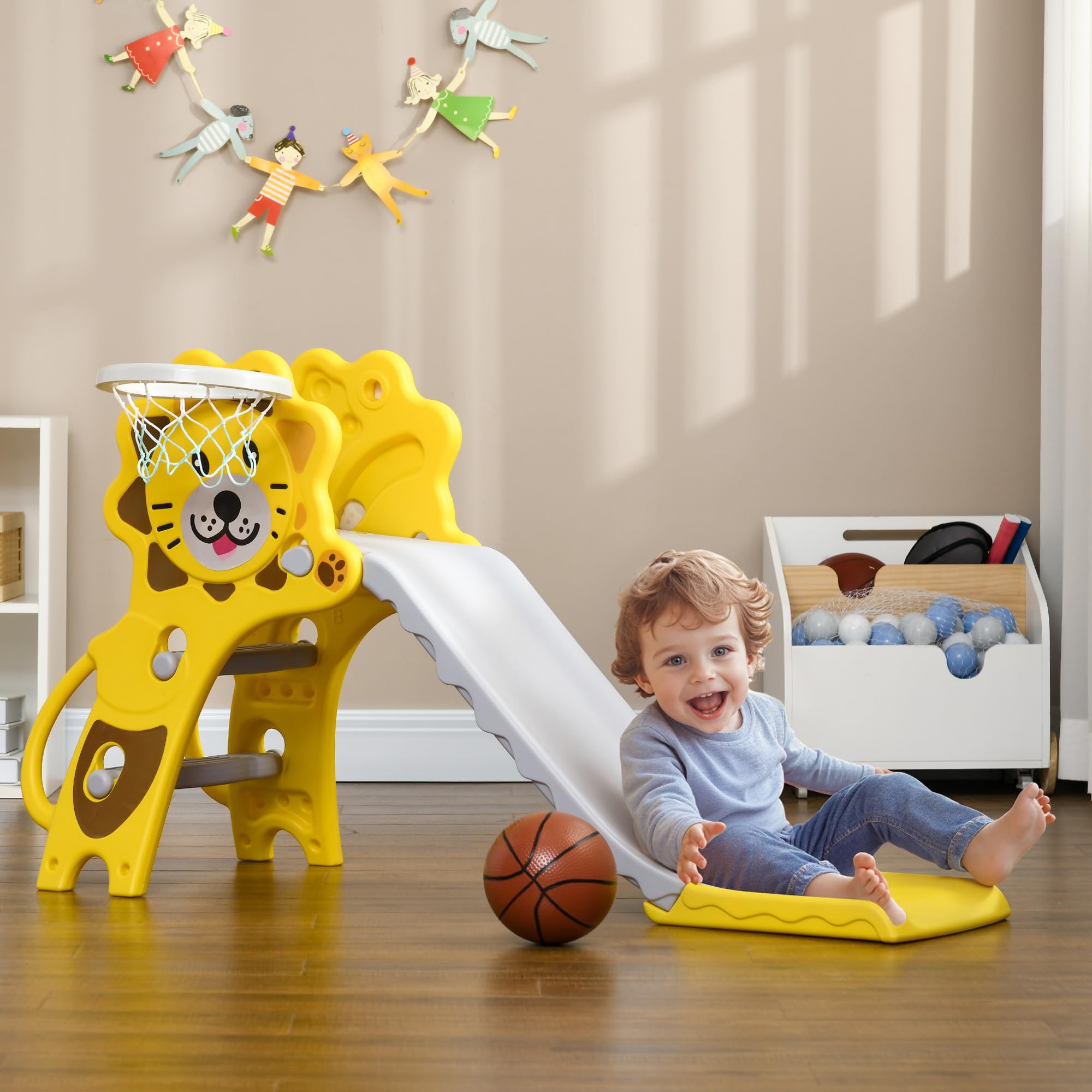 AIYAPLAY Scivolo per Bimbi 18-36 Mesi con Canestro da Basket Laterale, Scivolo in Plastica, 131x50x74 cm, Giallo e Grigio