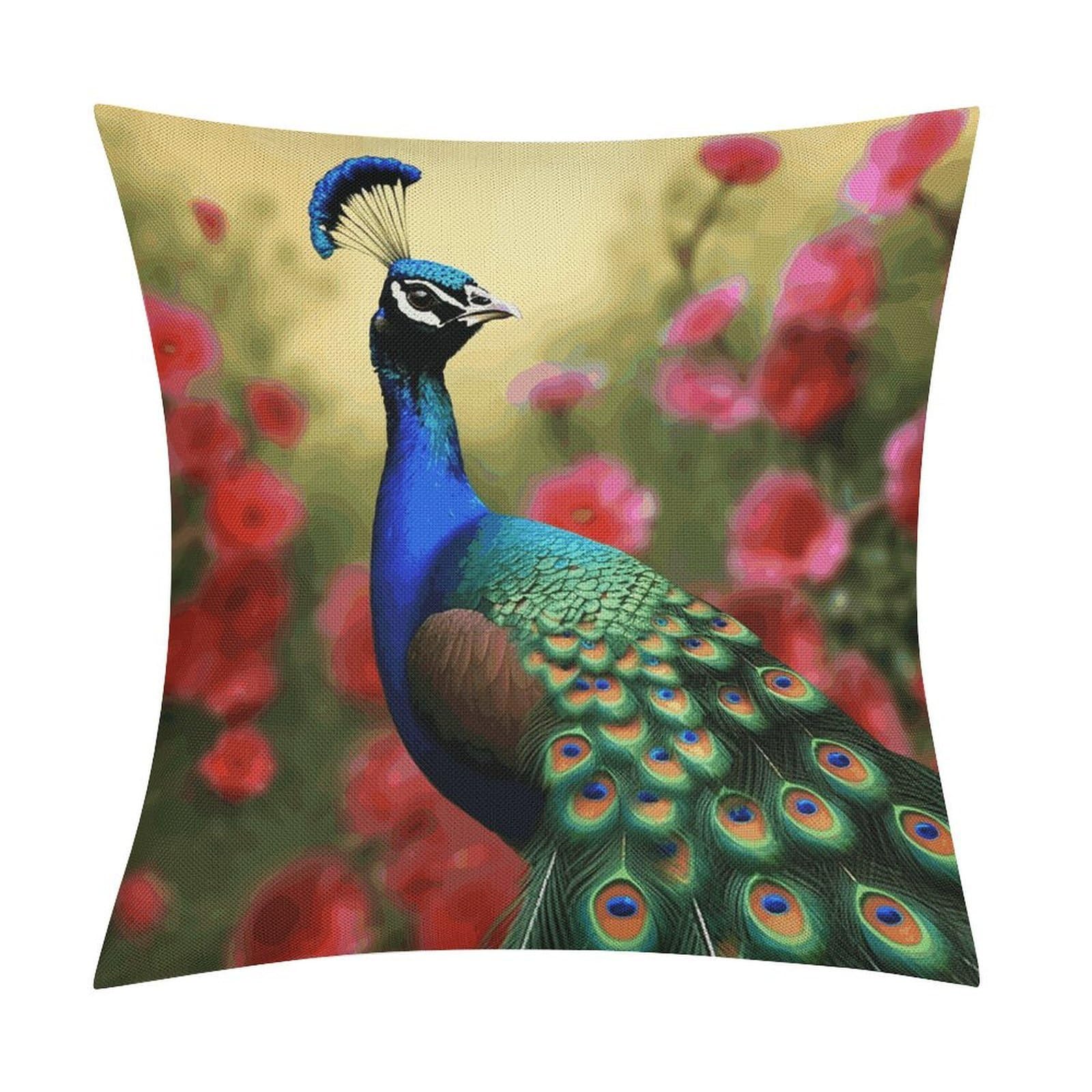 LZQPOEAS Peacock Flowers Throw Pillow Covers, Waterproof Faux Linen Pillow Cases with Invisible Zipper, Decorative Square Cushion Covers for Sofa Couch Living Room Bedroom 18x18 Inch