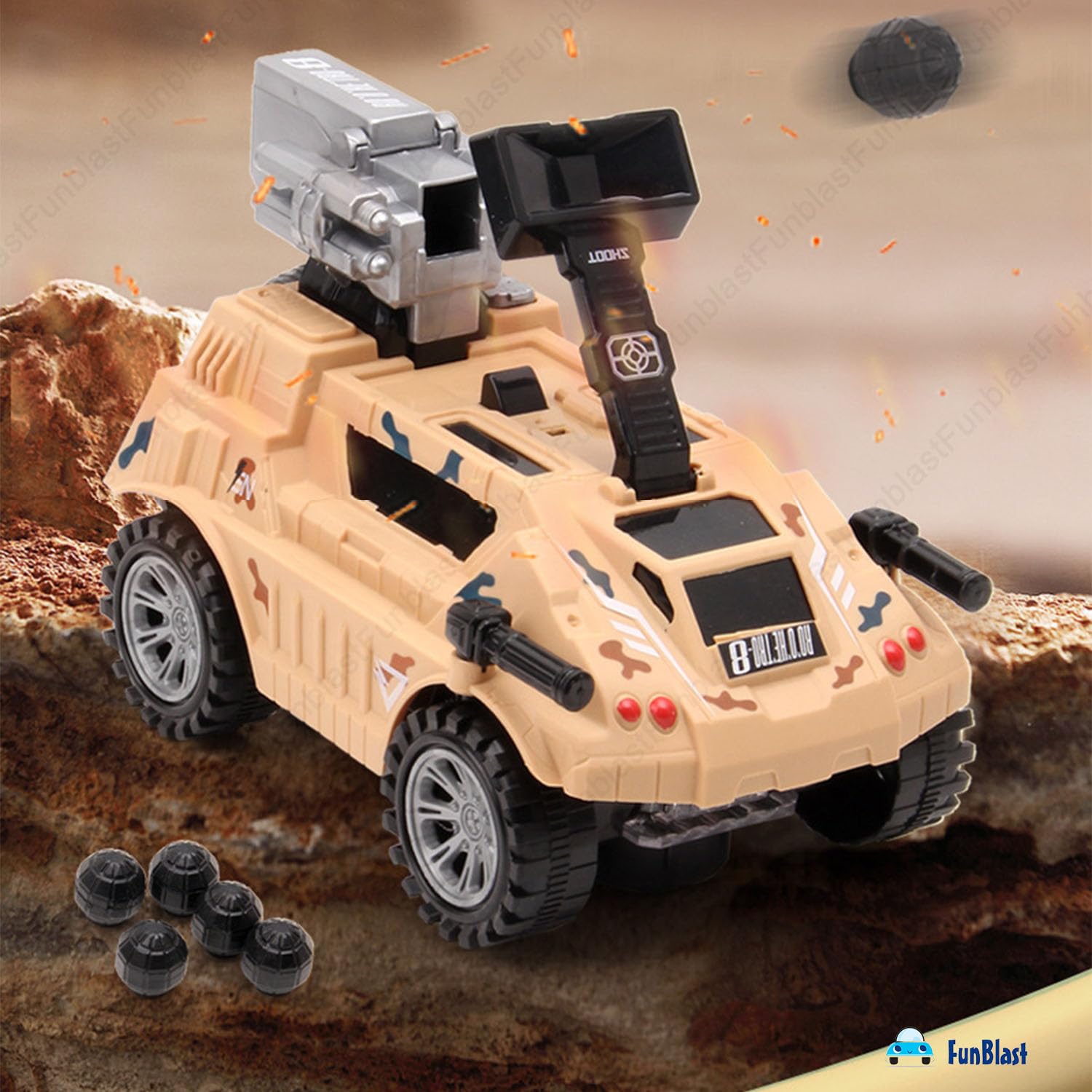FunBlast Armored Vehicles Trucks Toys - 360 Degree Rotating Army Trucks Toys with Shooting, Military Truck Toy for Kids, Army Truck Toy with Light & Sound for 3+ Years Kids, Boys (Random Color) 3