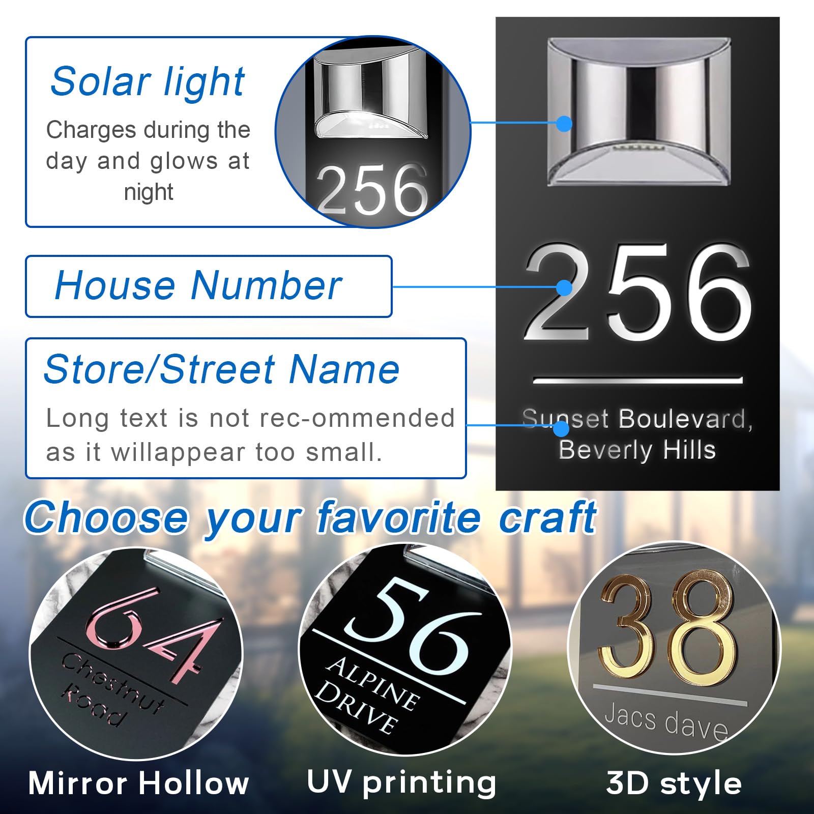 Plaque Numéro de Maison Solaire Personnalisée avec LED, Enseigne d’Adresse Extérieure Étanche, Numéro de Maison Lumineux Moderne pour Jardin, Cour, Entrée et Façade (Noir)