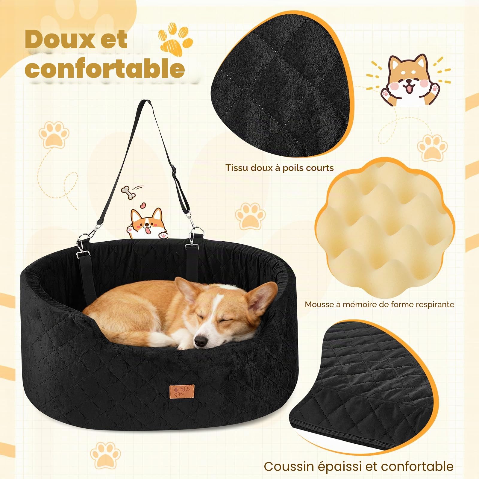 Siège Auto pour Chien 78x52x36CM, Panier Chien Voiture avec Siège Amovible, Corde de Sécurité & Base Antidérapante et Housse Amovible, Siège Auto pour Grands Chiens Lourds (Rond)