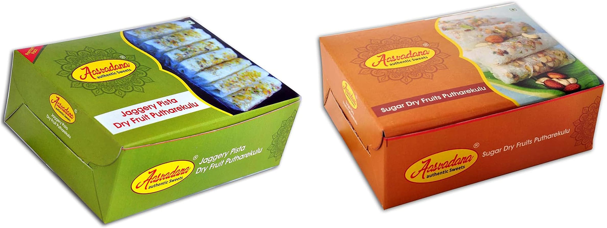 Aasvadana-Authentic Sweets Andhra Sweets Jaggery Dry Fruit Pista & Sugar Dry Fruit Putharekulu Combo-280 g (Pack of 2)
