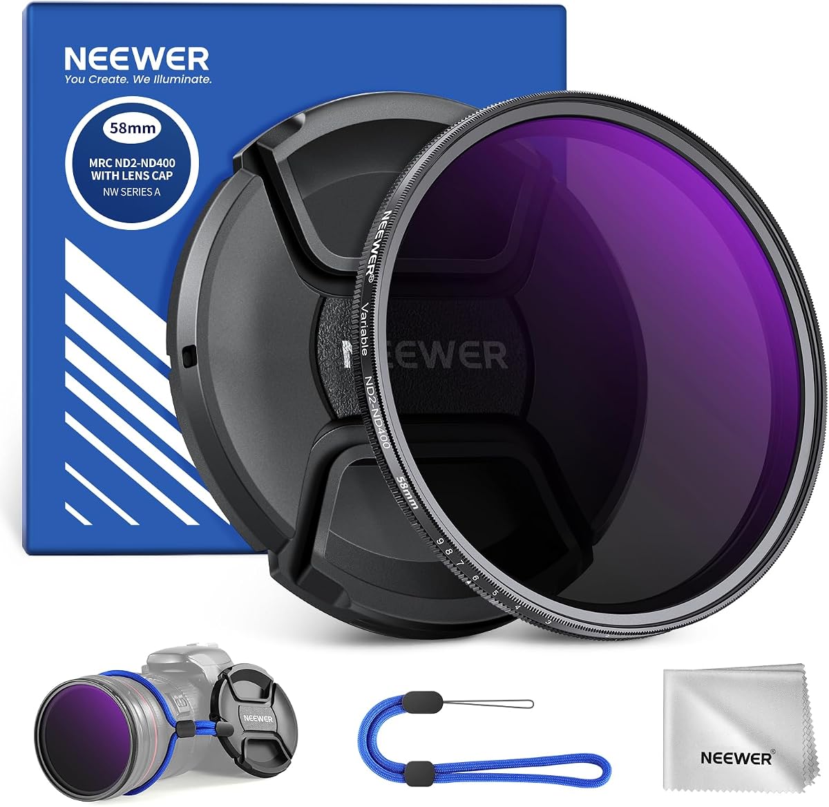 NEEWER 58mm ND2-400 (1-9 Stops) Variable ND Filter with Lens Cap, Lanyard, Cleaning Cloth, Precise Neutral Density Adjustment, Fingerprint & Scratch Resistant Multicoated Optical Glass