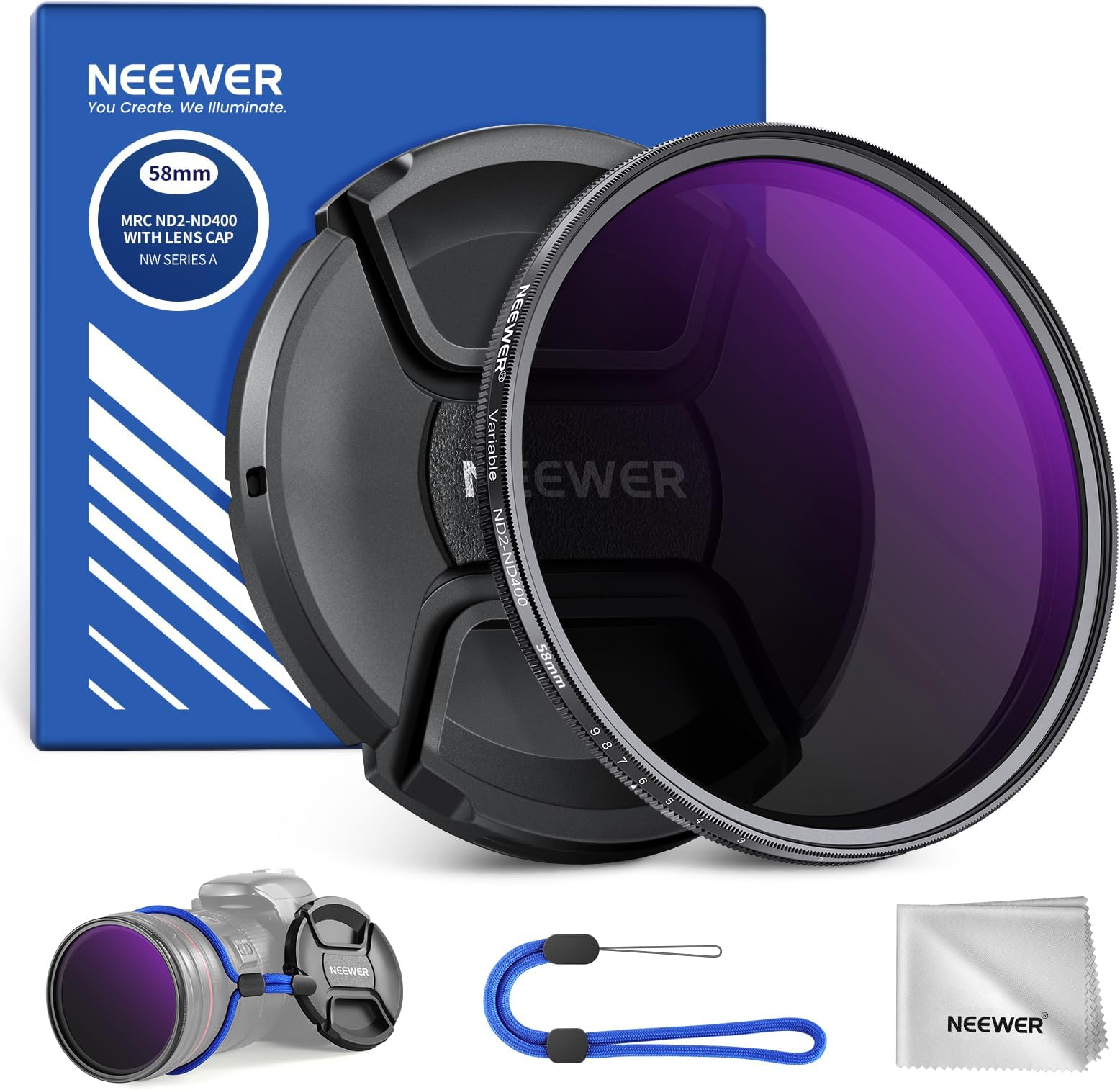 NEEWER 58mm ND2-400 (1-9 Stops) Variable ND Filter with Lens Cap, Lanyard, Cleaning Cloth, Precise Neutral Density Adjustment, Fingerprint & Scratch Resistant Multicoated Optical Glass