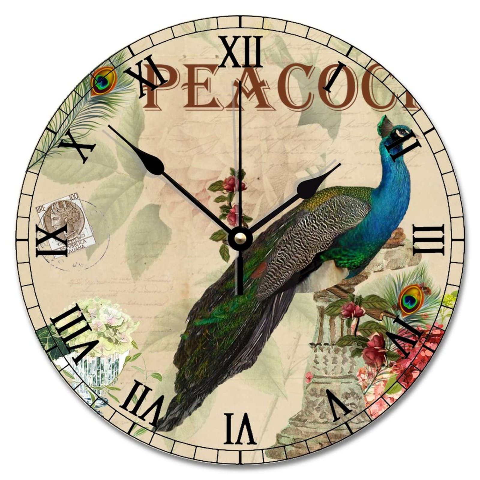 Horloge murale en bois paon vintage de 30 cm à pile pour salon
