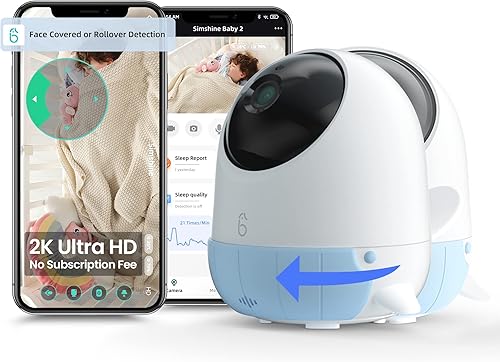 Simshine Smart Baby Monitor WiFi Smartphone Alerta cubierta facial Ai Cry Calmante Lullaby, análisis de sueño tranquilo, temperatura respiratoria,