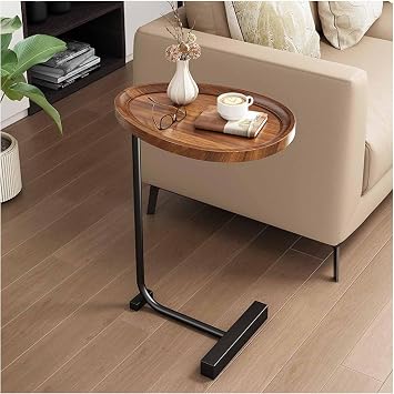Small Sofa Side End Table, C Shaped Couch Table Cute Tray Table Bedside Table Almond Tabletop Simple Style Home Decor for Reading Book Coffee Vase 18X12inch