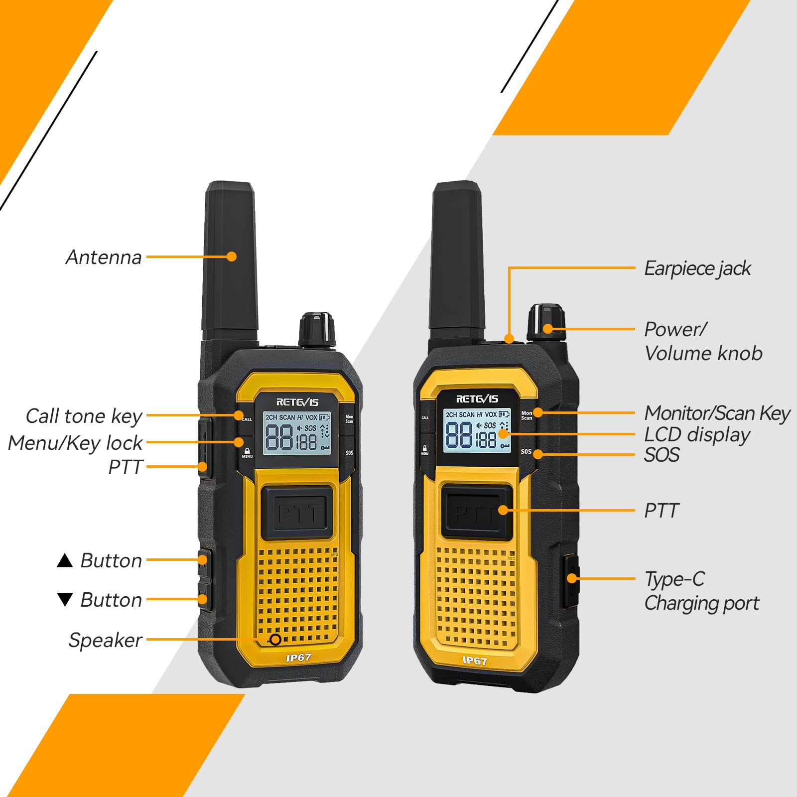 Retevis RB648 Walkie Talkie Profesional, Radio Bidireccional Impermeable | MIL-STD-810H, IP67 Impermeable, Vibración SOS, 2000 mAh, Resistente con Auricular para Construcción (4 Pcs, Amarillo)