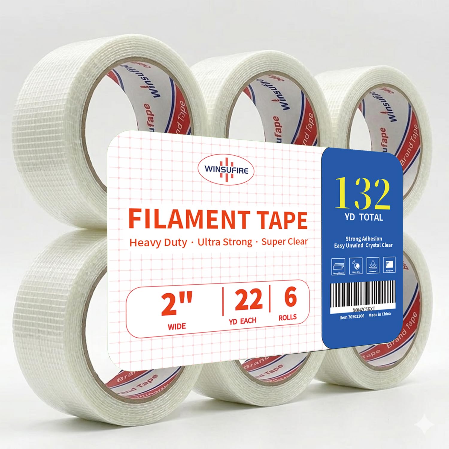Srtong Fiberglass PackingTape for Shipping, Super Heavy Duty Filament Strapping Tape Adhesive Packaging Tape Total 132Y, 1.88 inch x 22 Yards,6 Rolls