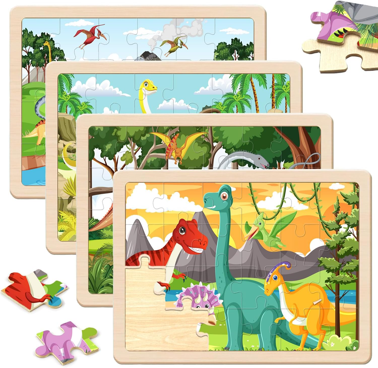 Puzzles for Kids Ages 4-6,24 Pieces Wooden Puzzles for Toddlers Ages 3-5 4-8 3 4 5 6 3-4 Year Olds.4 Pack Dinosaur Puzzle Set Children Jigsaw Puzzles for Boys and Girls Educational Learning Toys