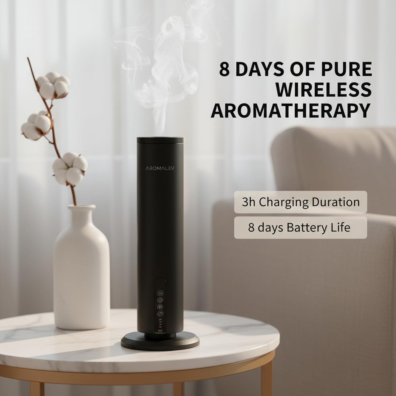 Waterless Nebulizing Essential Oil Diffuser – Wireless Rechargeable Bluetooth App Control – Cold Air Aromatherapy Scent Machine for Large Rooms, Home, Office & Spa – Quiet & Portable, Black