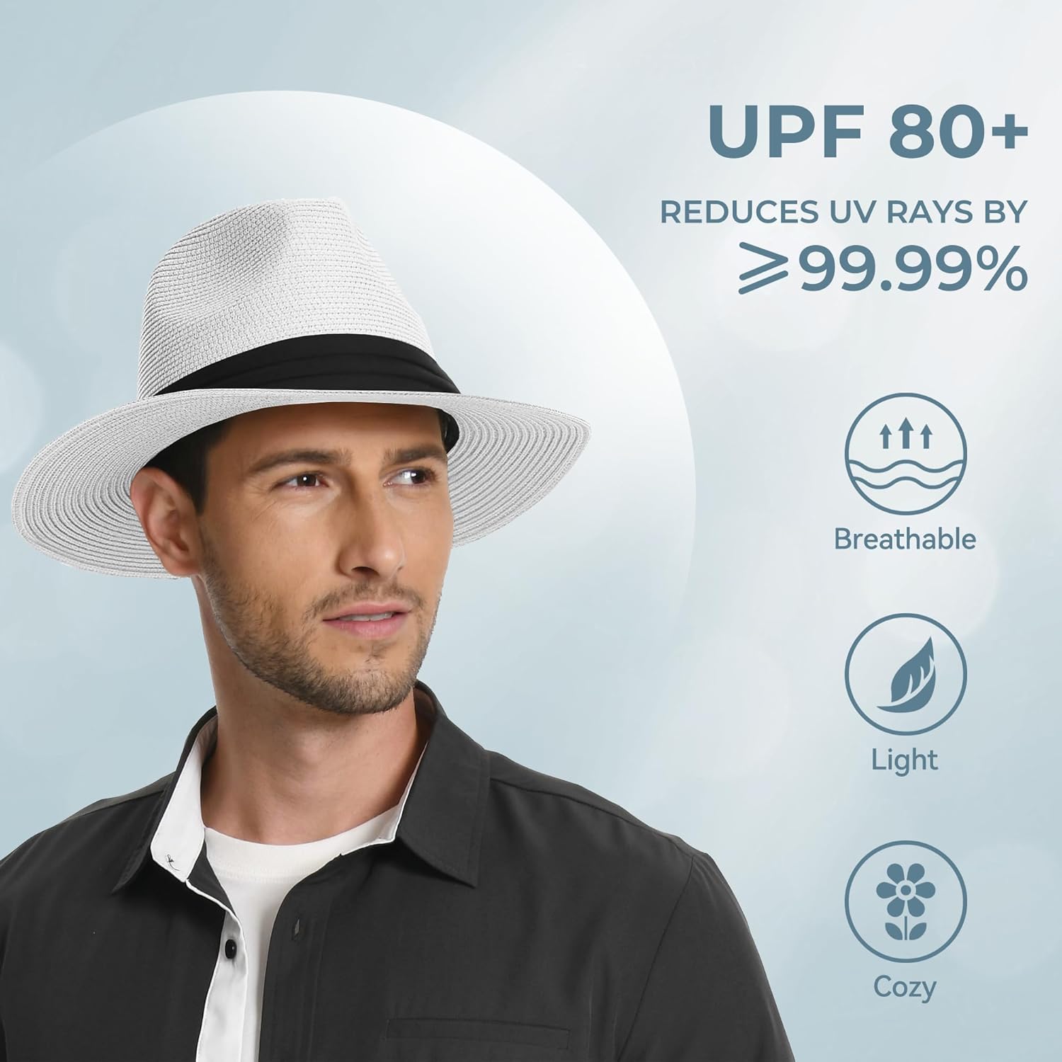 Sun Hat Straw Fedora Hats for Men Women Beach Hat Panama Hat Men Wide Brim Summer Hats UPF80+ - Image 5