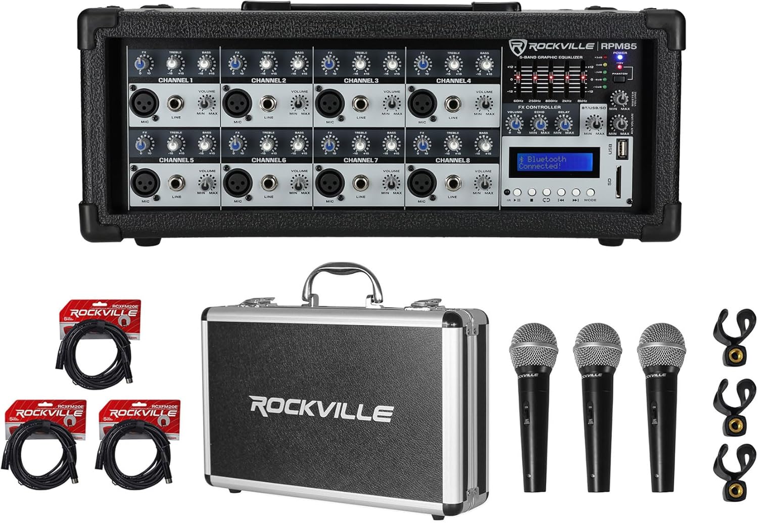 Rockville RPM85 Bundle: 2400W Powered 8 Channel Mixer with USB, Bluetooth, EQ and Effects, (3) RCXFM20E-B 20 ft XLR Mic Cables, RMC-3PK Metal Wired Vocal Instrument DJ Microphones with Case, 5 Items