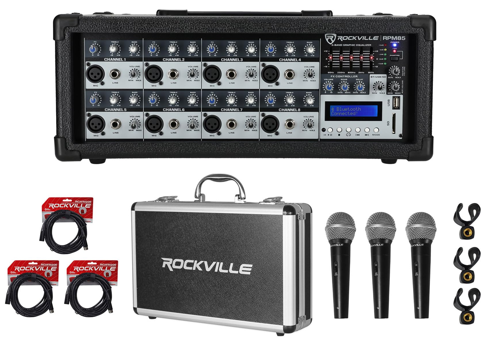 Rockville RPM85 2400w Powered 8 Channel Mixer/USB/EQ/Effects/Bluetooth+Mics+Case