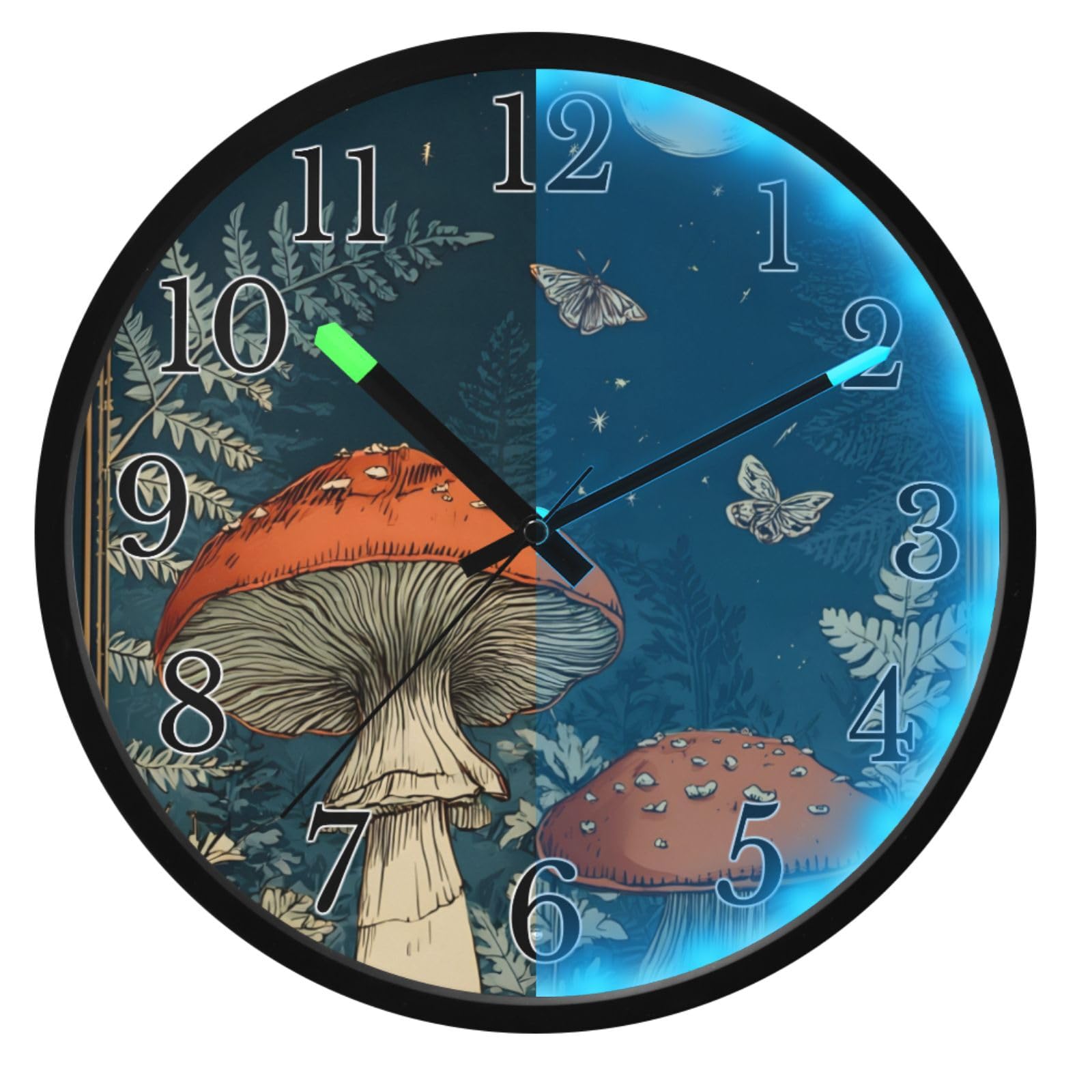 Mnsruu Reloj de pared luminoso con diseño de hongo y luna, funciona con pilas, silencioso, brilla en la oscuridad, para sala de estar, cocina, 30,5 cm
