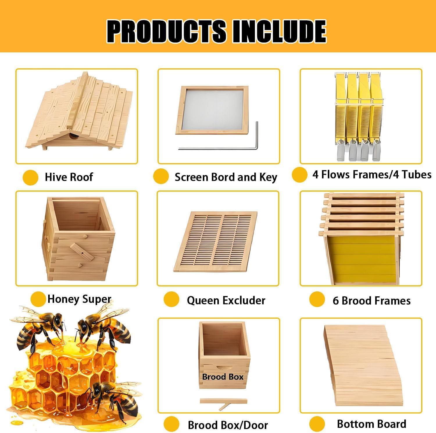 Self-Flow Wooden Beehive Kit with Observation Window & Honey Spout - Ideal Beekeeping Solution for Garden Pollinators, Easy Harvesting & Maintenance