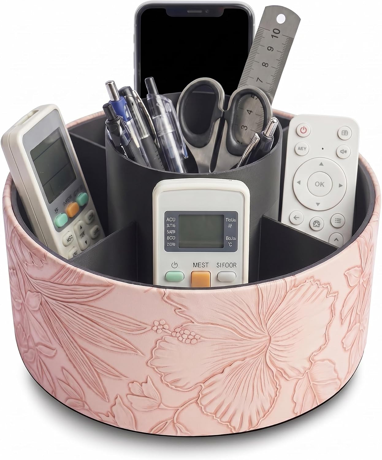 Round Leather Art Supply Organizer,Remote Control Holder,360 Degree Spinning,Multi-Functional Pencil Holder,5 Compartments Desktop Stationary Organizer(1-Carved Pink)