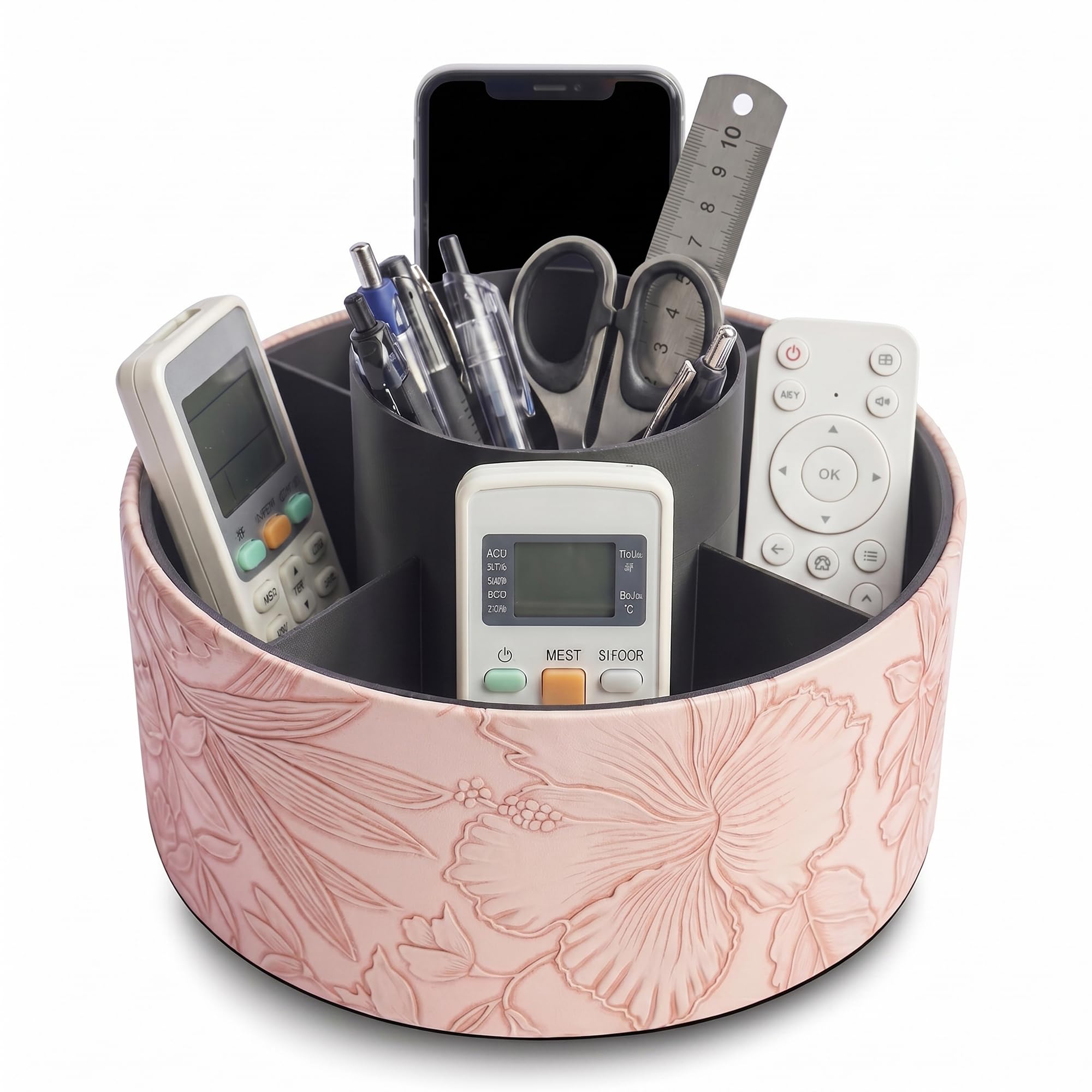 Czzmy Round Leather Art Supply Organizer,Remote Control Holder,360 Degree Spinning,Multi-Functional Pencil Holder,5 Compartments Desktop Stationary Organizer(1-Carved Pink)