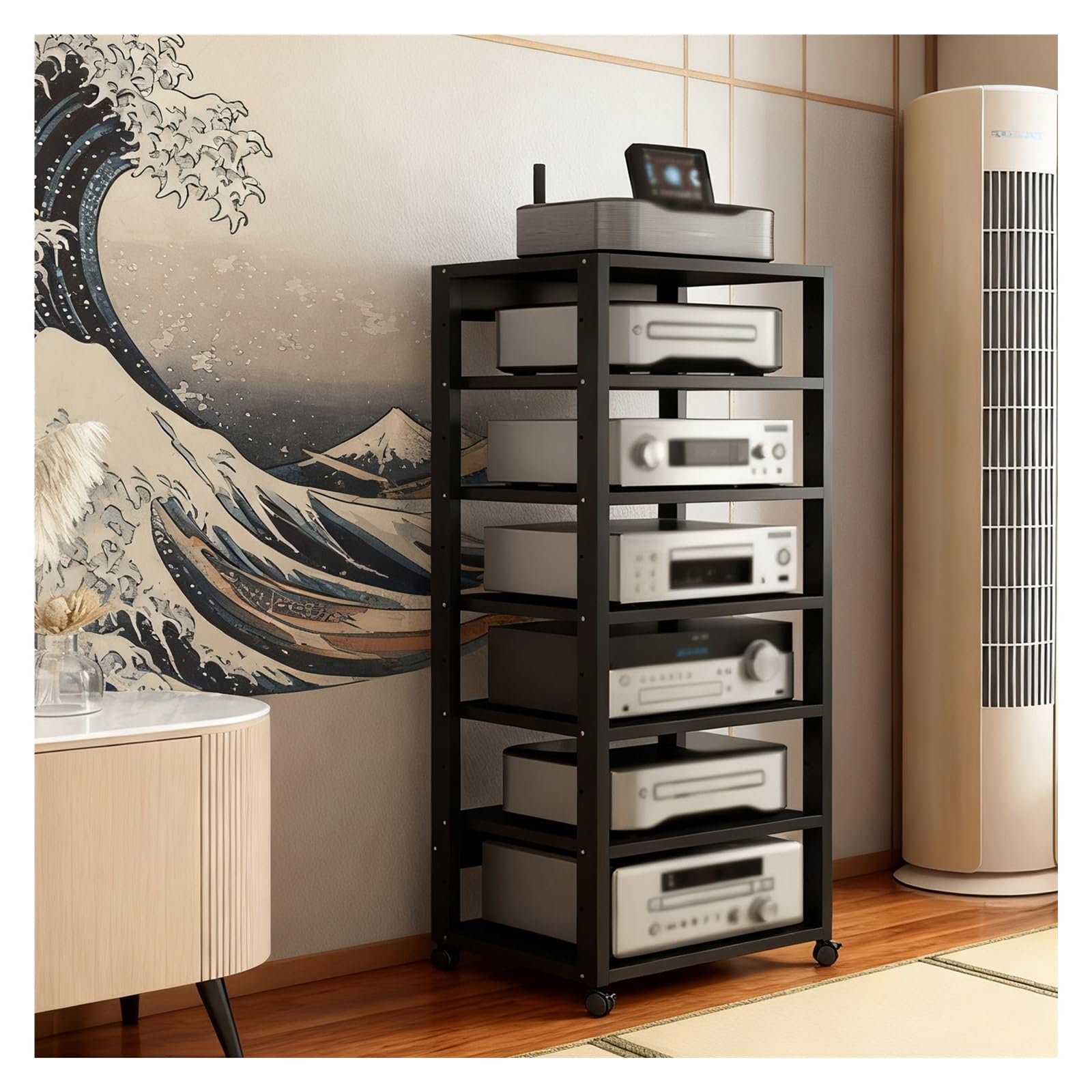 7-poziomowy stojak HiFi o RackAdjustable Ste Conent Stand siatka na konsolę odtwarzacza płyt muzycznych i gier (czarny)