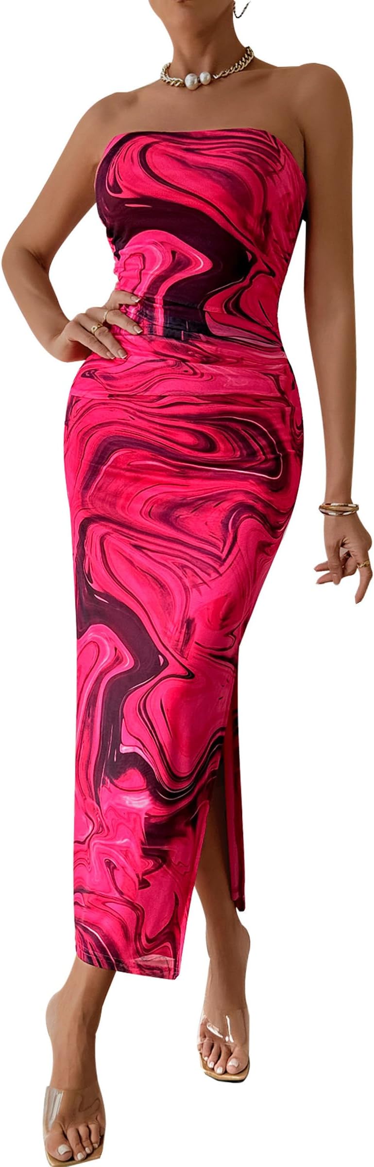 PRETTYGARDENWomen's Summer Maxi Bodycon Dresses Strapless Tube Top Slit Floral Printed Party Club Long Dress