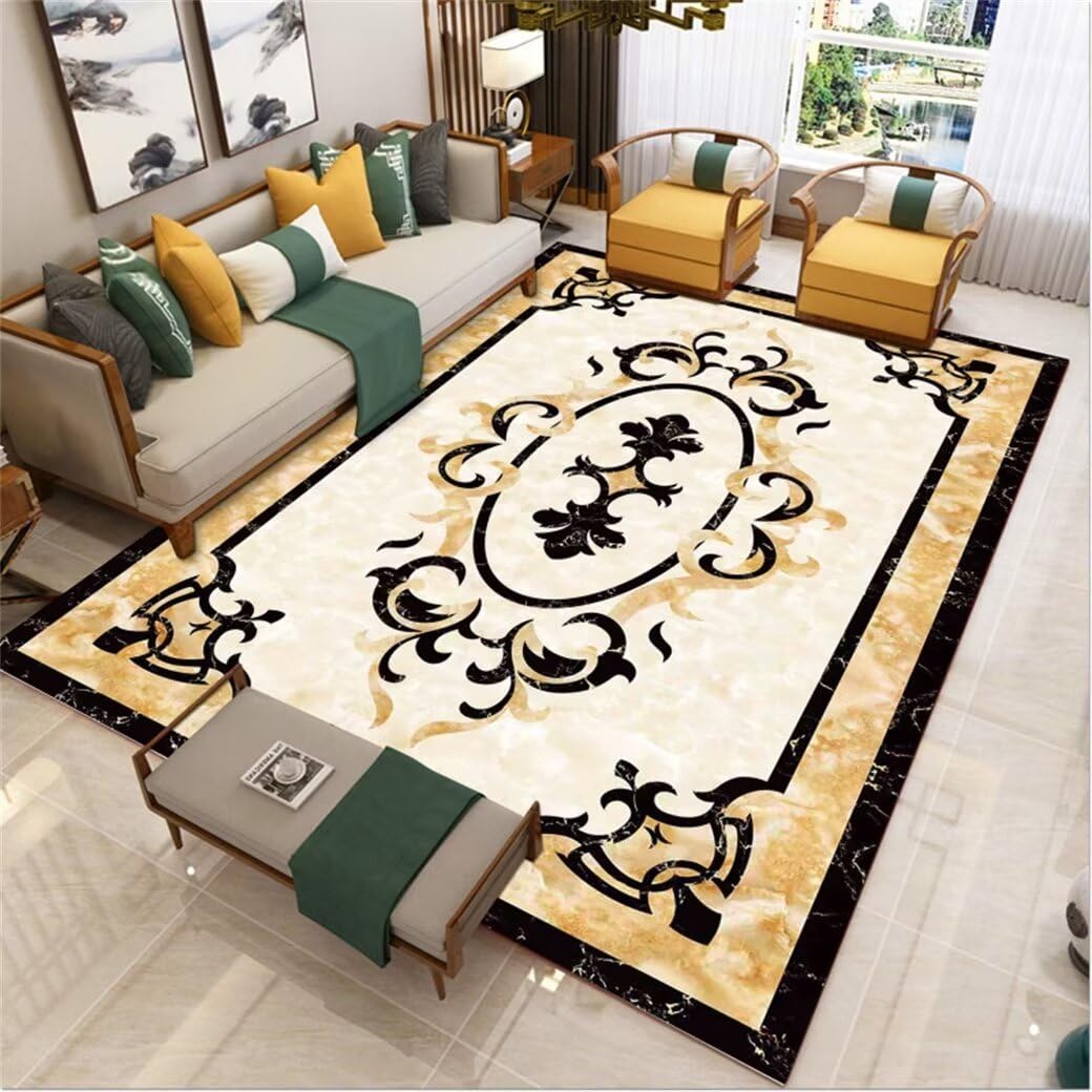 Tapis de salon à motif imprimé vintage jaune facile d'entretien pour grand séjour
