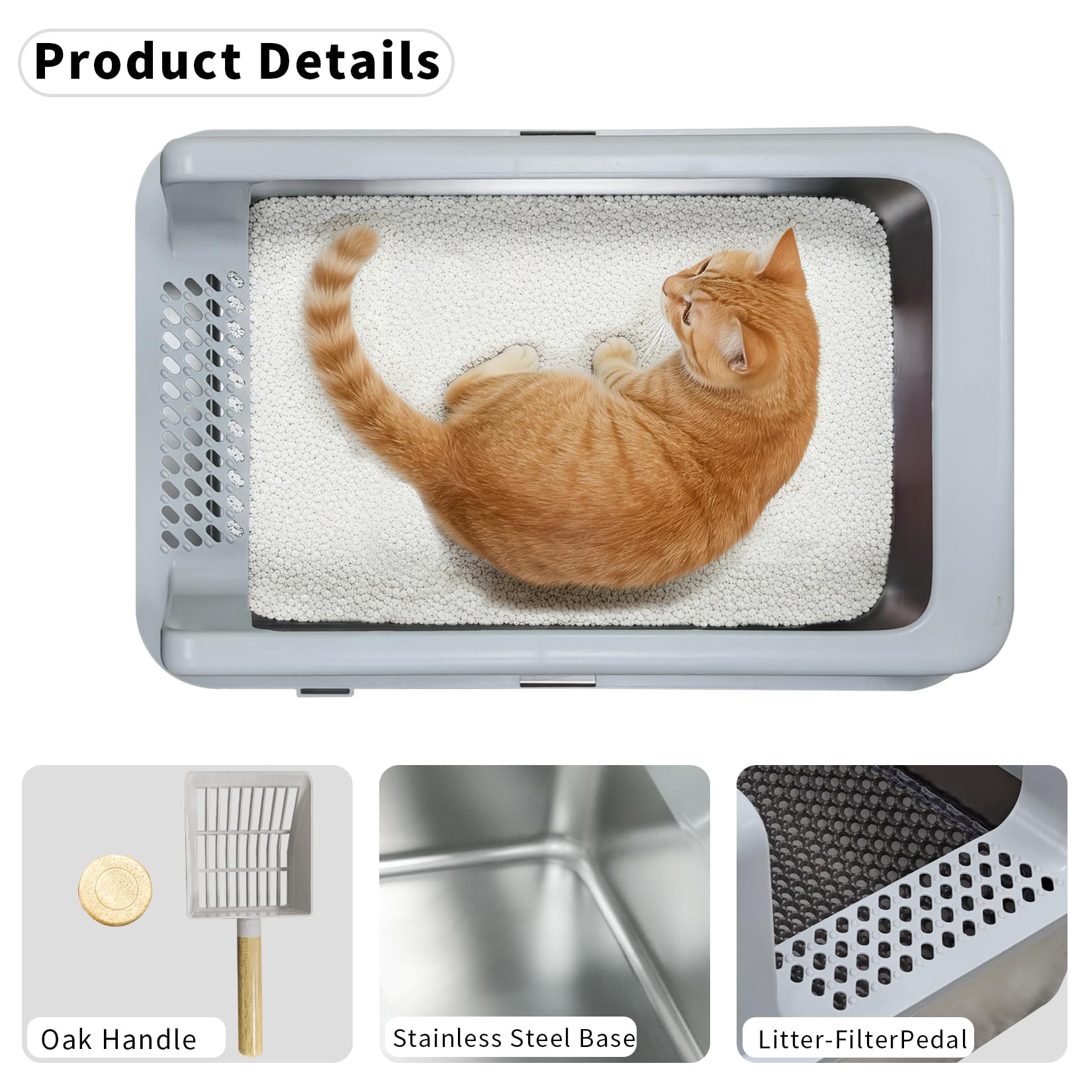 BingoPaw Katzenklo Edelstahl XXL, Katzentoilette Edelstahl für große Katzen, offenes Katzenklo mit hohem Rand, Katzenstreuschaufel und Katzenstreu Matte, Silbergrau 60.5x40.5x31cm