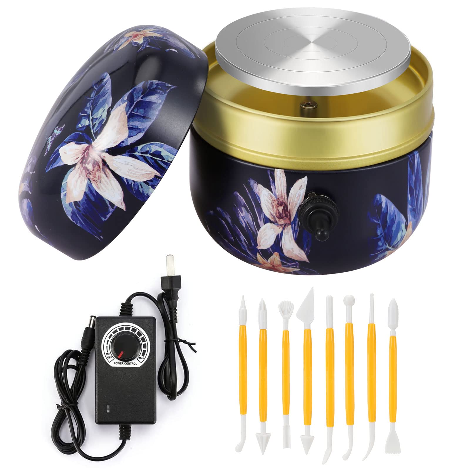US Stock-Mini Electric Pottery Wheel Machine, Small Pottery Forming Machine with Tray and 8 Clay Tools for DIY Ceramic Work Clay Art Craft (Blue)