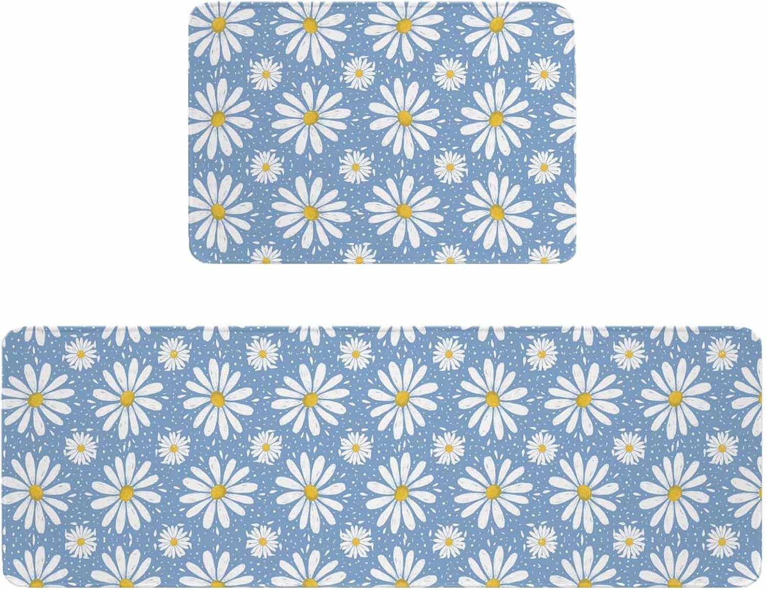 Pink Daisy Kitchen Rugs and Mats Set of 2, Non-Slip Kitchen Sink Mat, Spring Floral Elegant Pastoral Botanical Washable Doormat Bathroom Rugs Runner for Bedroom/Living Room 19.7"x23.6"+19.7"x47.2"