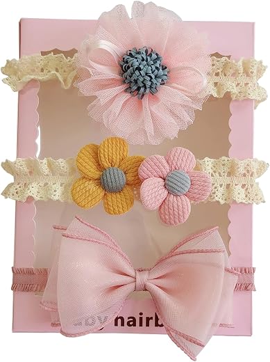 SYGA 3 Pcs Baby Girl Headband Soft Flower Bow Strechable Hairband Suitable For Newborns, Infants, Toddlers and Kids 0-3 Ye...
