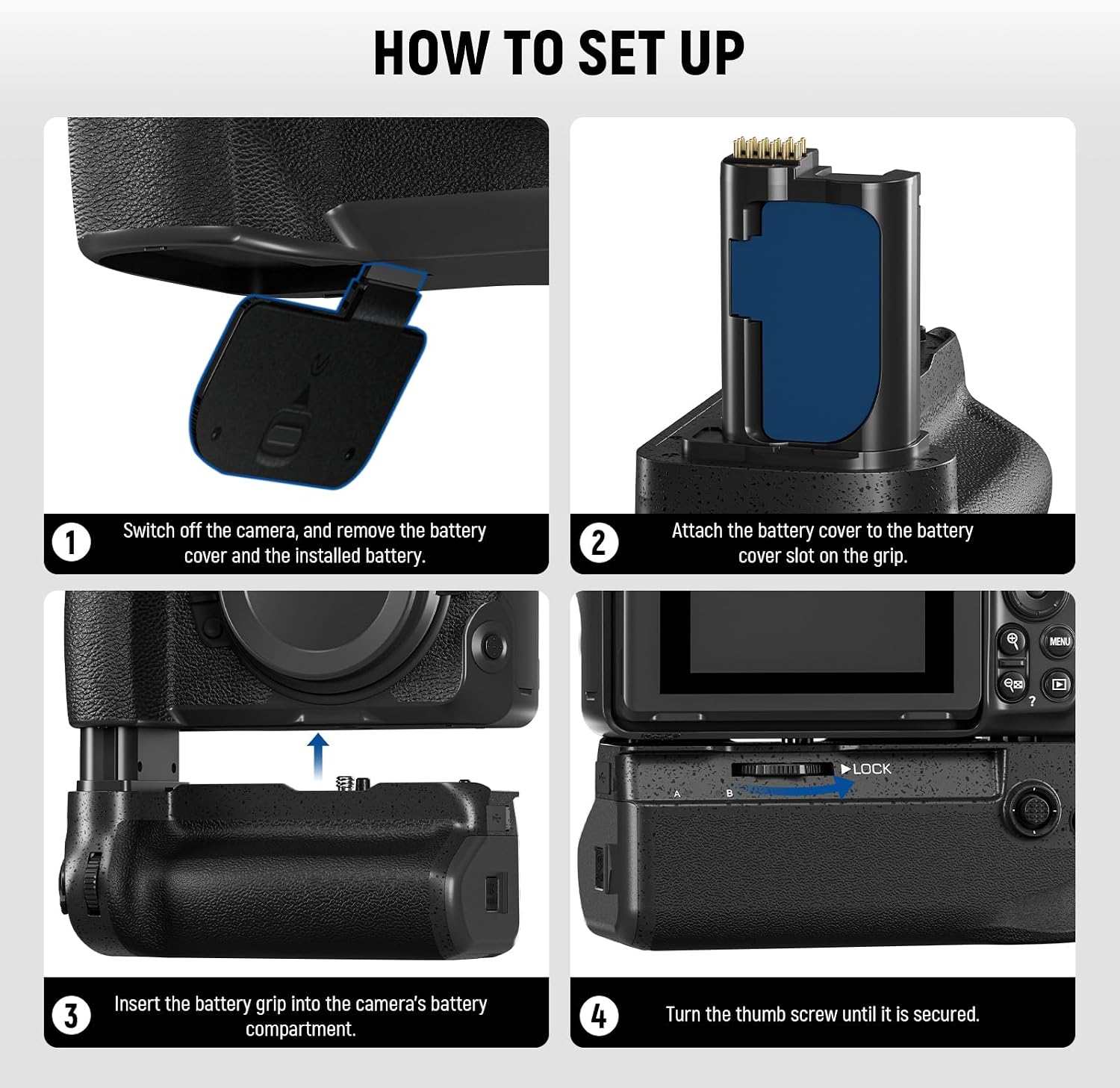 Four-step visual guide demonstrating the installation process of the NEEWER MB-N12 battery grip onto a Nikon Z8 camera