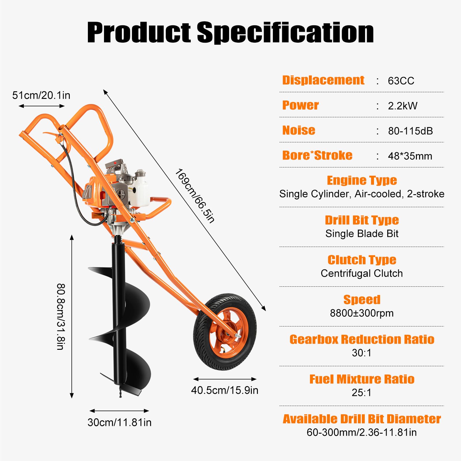 Ahoyadora Gasolina 63CC 2.2kW, Barrena de Tierra de Gasolina con Motor de 2 Tiempos 8800rpm, Barrena Tierra de Jardín Profesional con Broca de 30cm para Jardín, Campo, Cerca, Huerta y Silvicultura