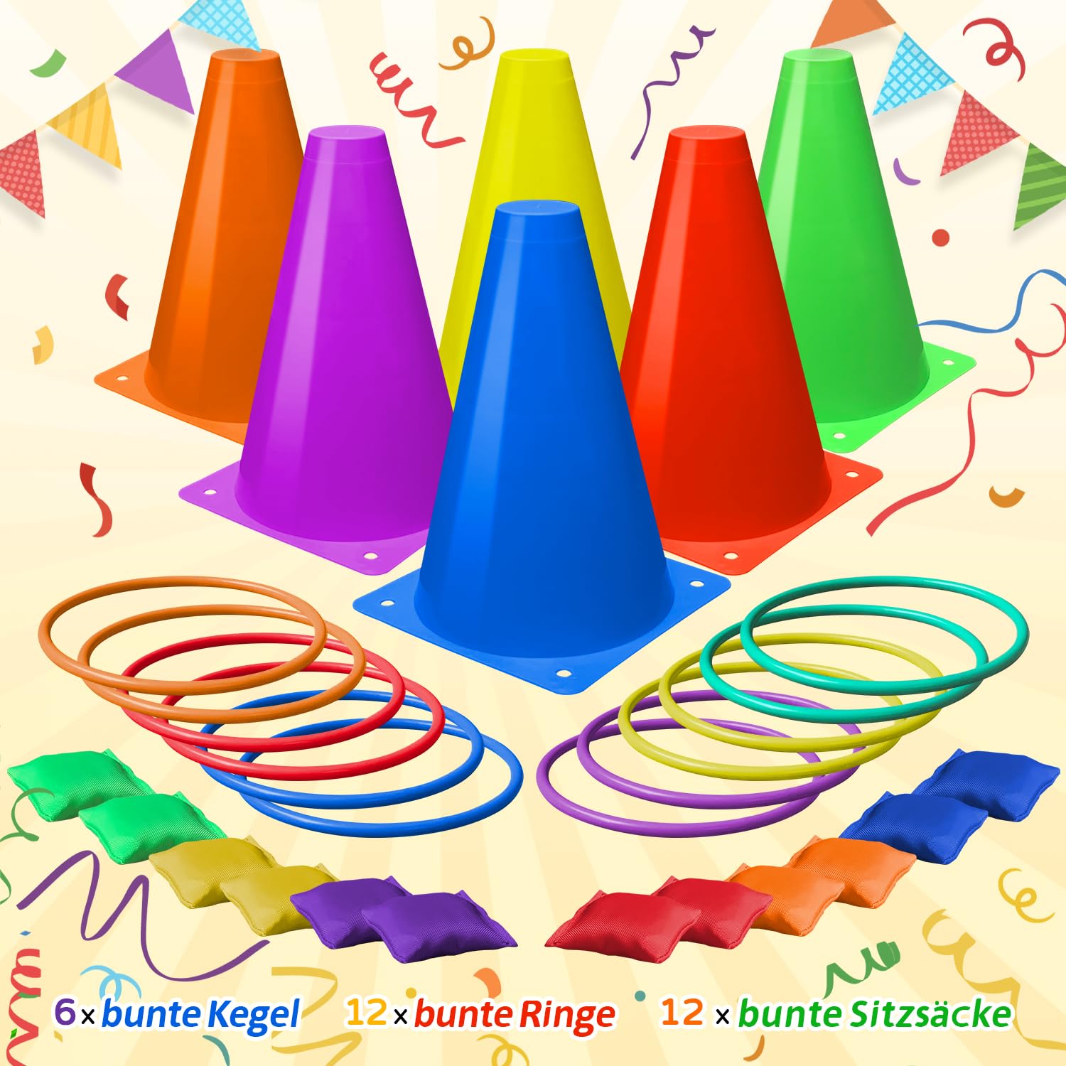Eocolz 3-in-1 Karnevals-Spiele-Set, weiche Kunststoff-Kegel, Sitzsäcke, Ringwurfspiele für Kindergeburtstag, Party, Outdoor-Spiele, Zubehör, Kombi-Set