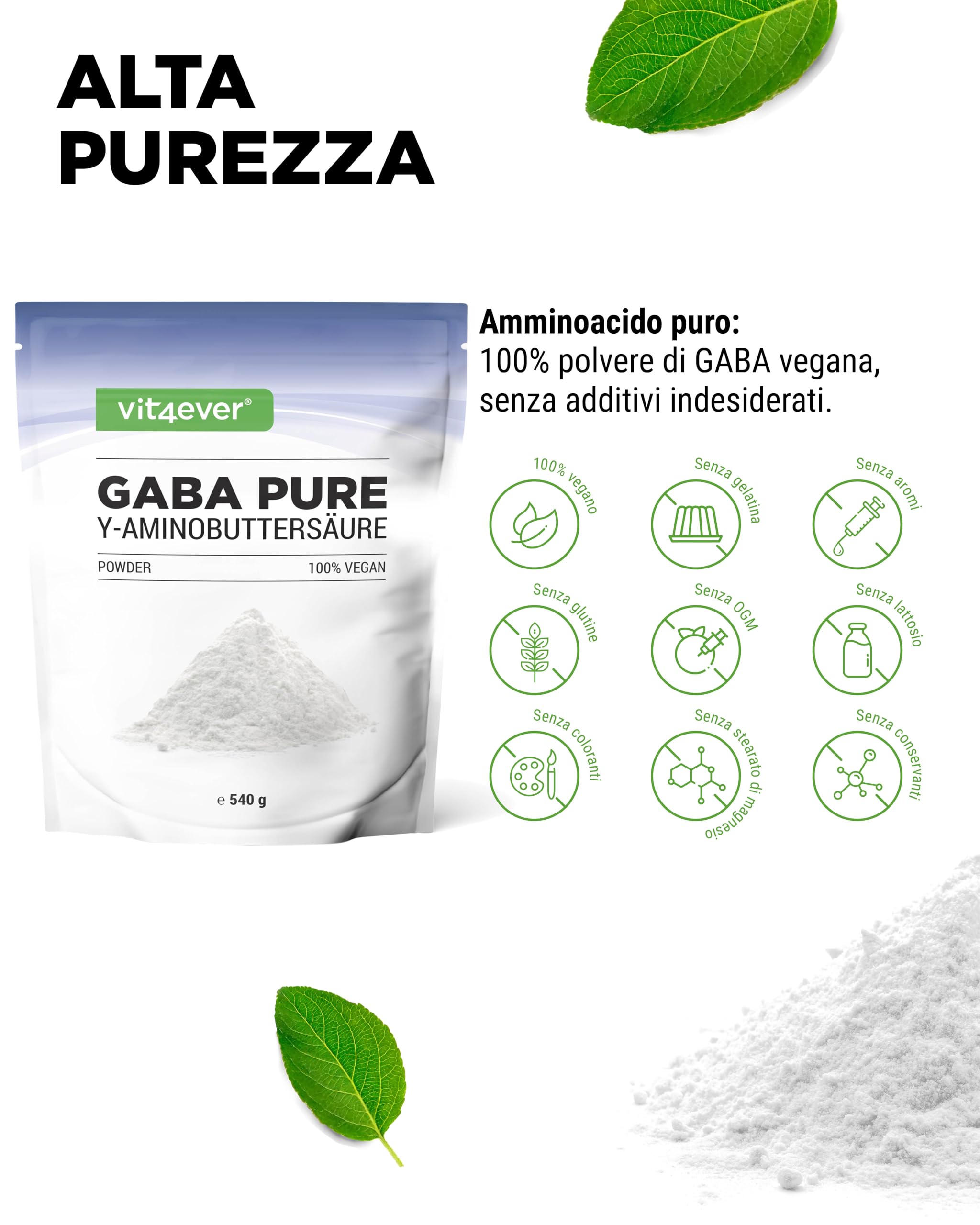 Gaba Pure - 540 g di polvere pura senza additivi - 100% acido gamma-aminobutirrico - 180 porzioni - vegano - qualità premium
