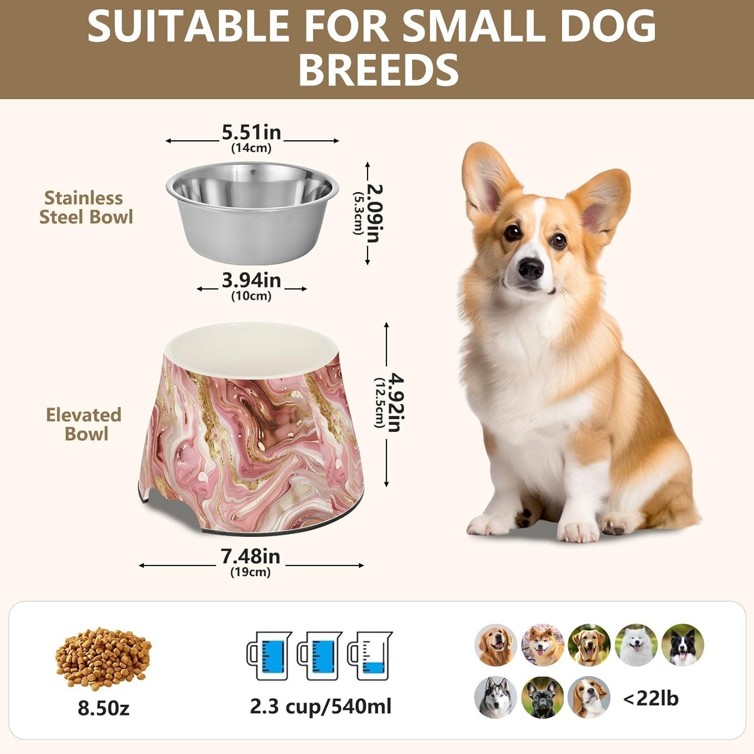 Swirling Rose and Gold Marble Patterns Dogs Feeding Bowls with Stand Stainless Steel Cats Food Dish for Slow Feed Cats Comfort Feeding