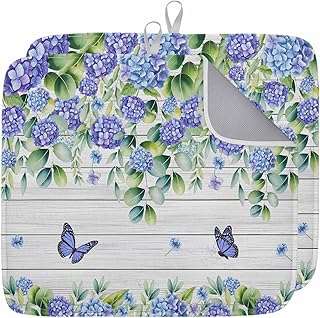Absorbent Dish Drying Mat, Flower Eucalyptus Leaf Wood Plank Kitchen Counter Mat Dish Drying Pad Set of 2, Rustic Pastoral Butterfly Washable Microfiber Dishes Drainer Mats