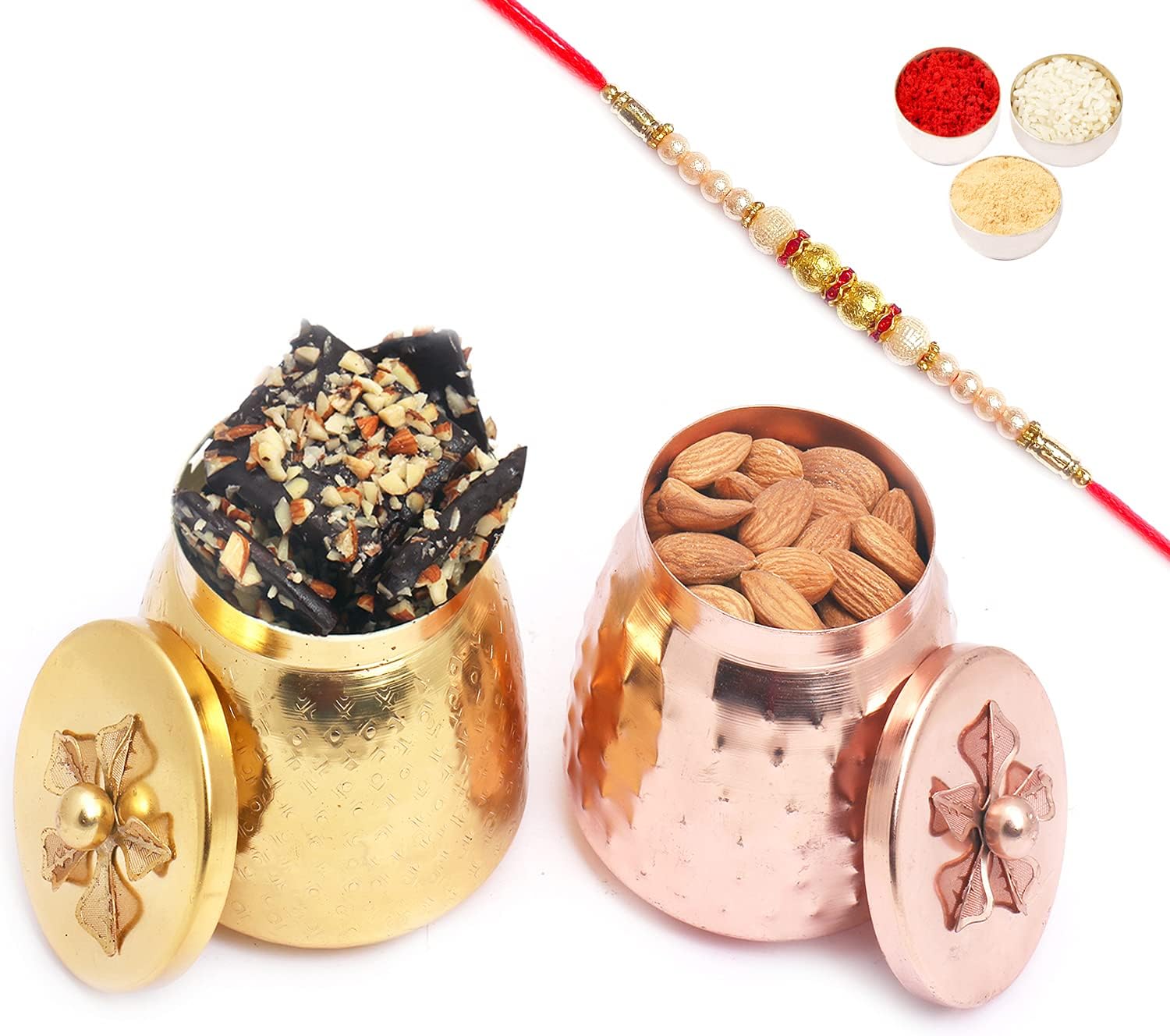 Rakhi Gifts for Brothers Rakhi Chocolate Metal Almonds and Brittles Barnis with Pearl Rakhi