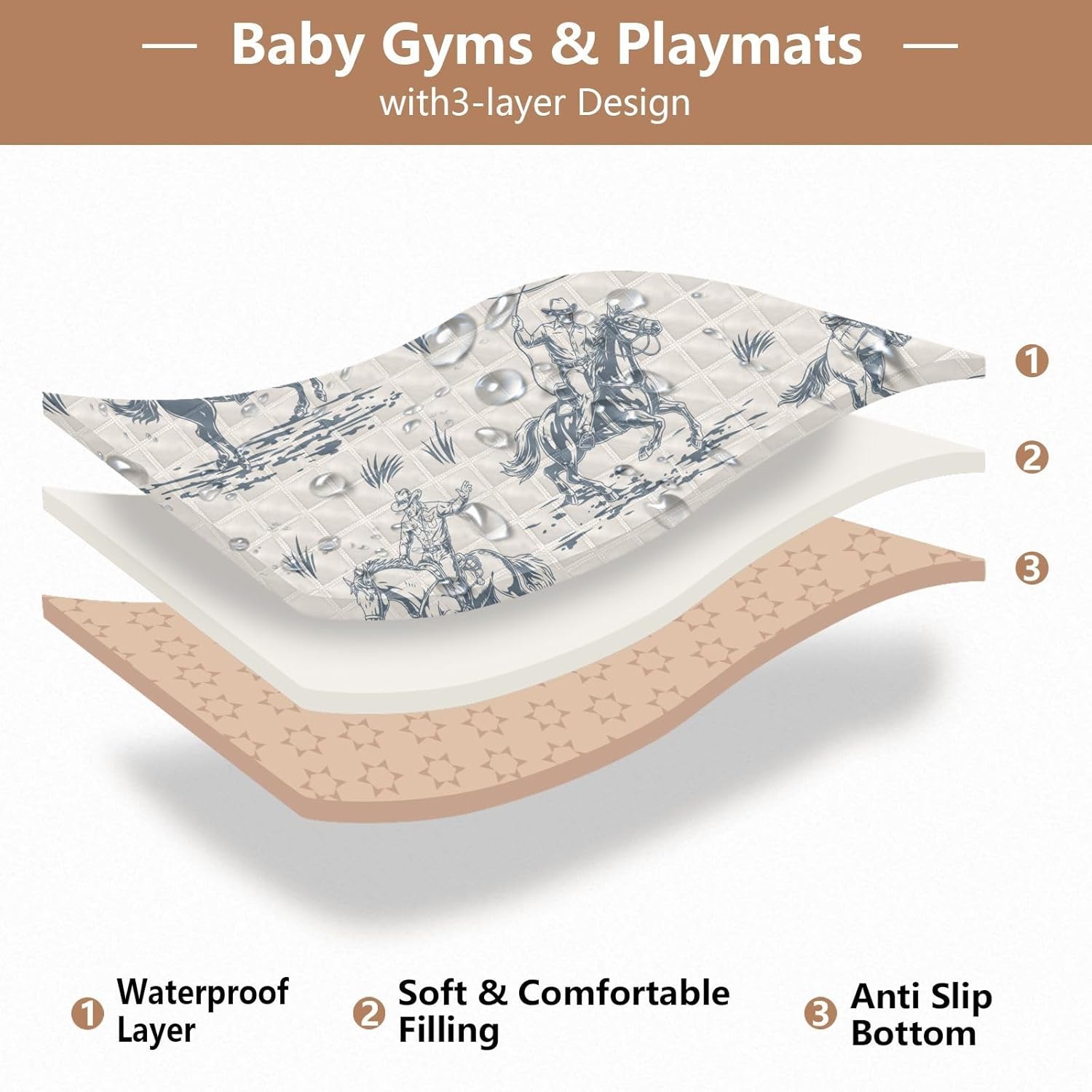 Baby Play Mat Western Cowboy Horse Retro 50" X 50" Play Gym Crawling Mat Soft Non-Slip Portable Picnic Floor Mat for Infant, Babies, Toddler, Kids