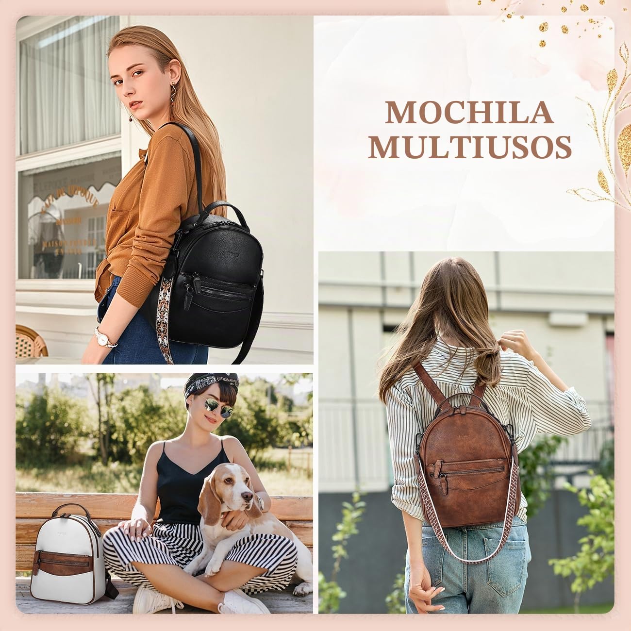 RAVUO Mochila Pequeña Mujer, Bolso Mochila de Cuero Pu Mini Mochila Casual Bolso de Bandolera Piel para Viaje Escolar