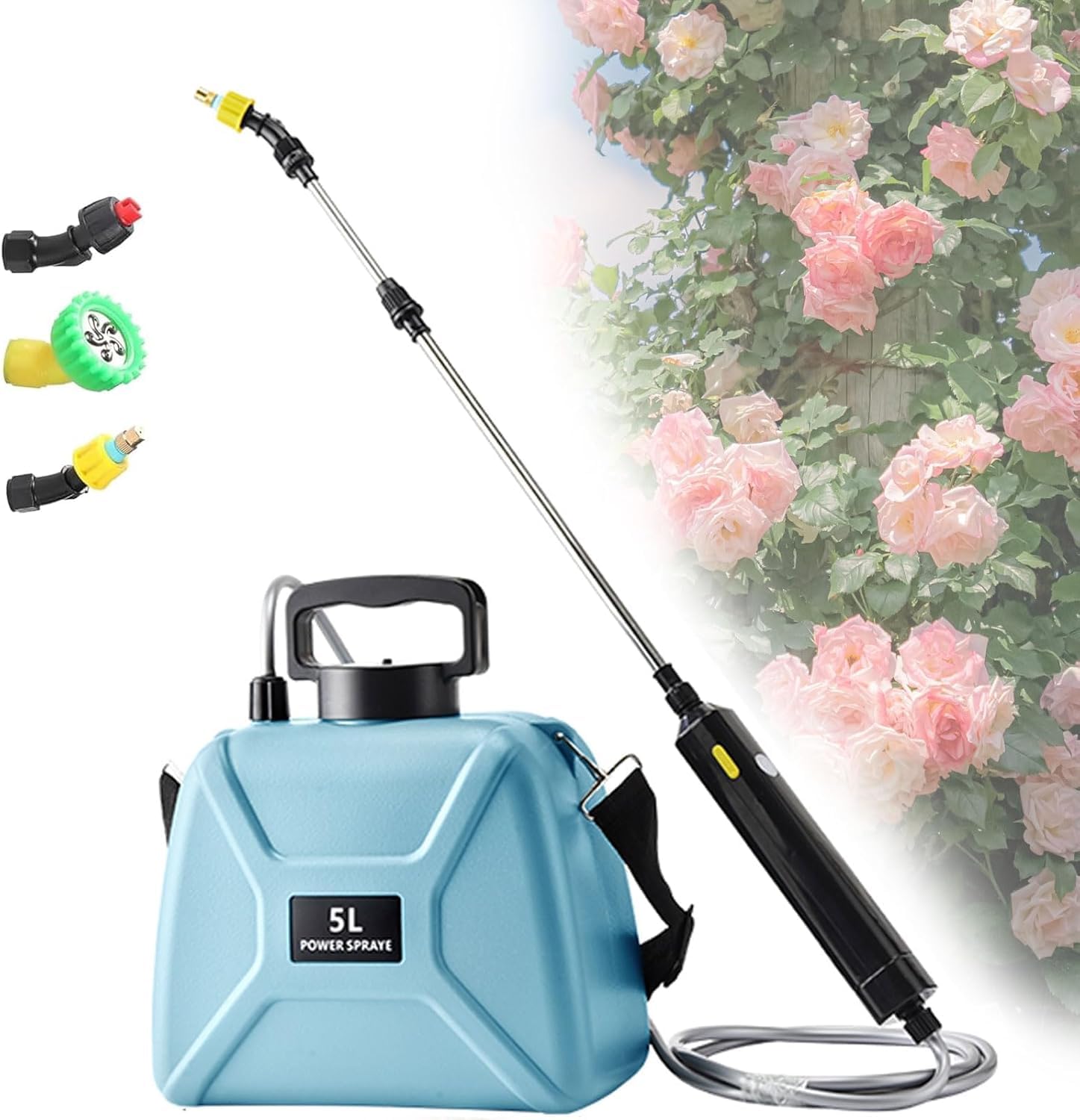Procci Spruzzatore a batteria da 5 l, spruzzatore elettrico ad alta capacità e 3 ugelli per nebbia, manico ricaricabile da 2000 mAh, dura 180 minuti, spruzzatore da giardino, spruzzatore per erbacce