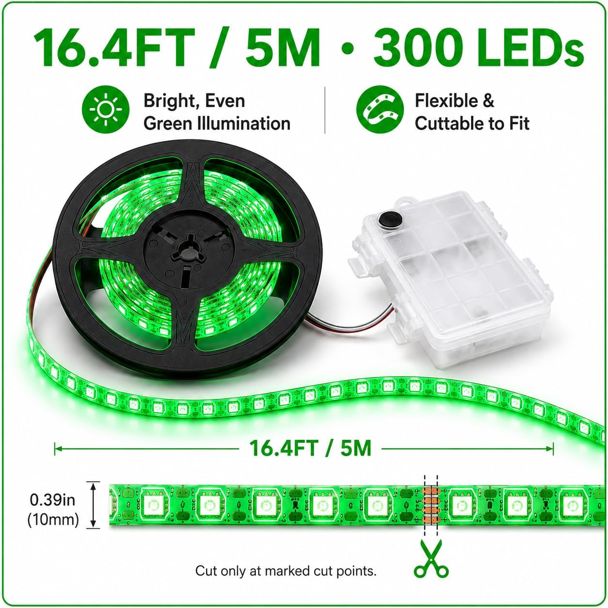 Shangyuan Marine LED Strip Lights with Battery Box for Pontoon Under Deck Lights, Battery Operated Boat Interior Lights for Fishing Sailboat Kayak, Boat Accessories, 5m (16.4ft) (Green)