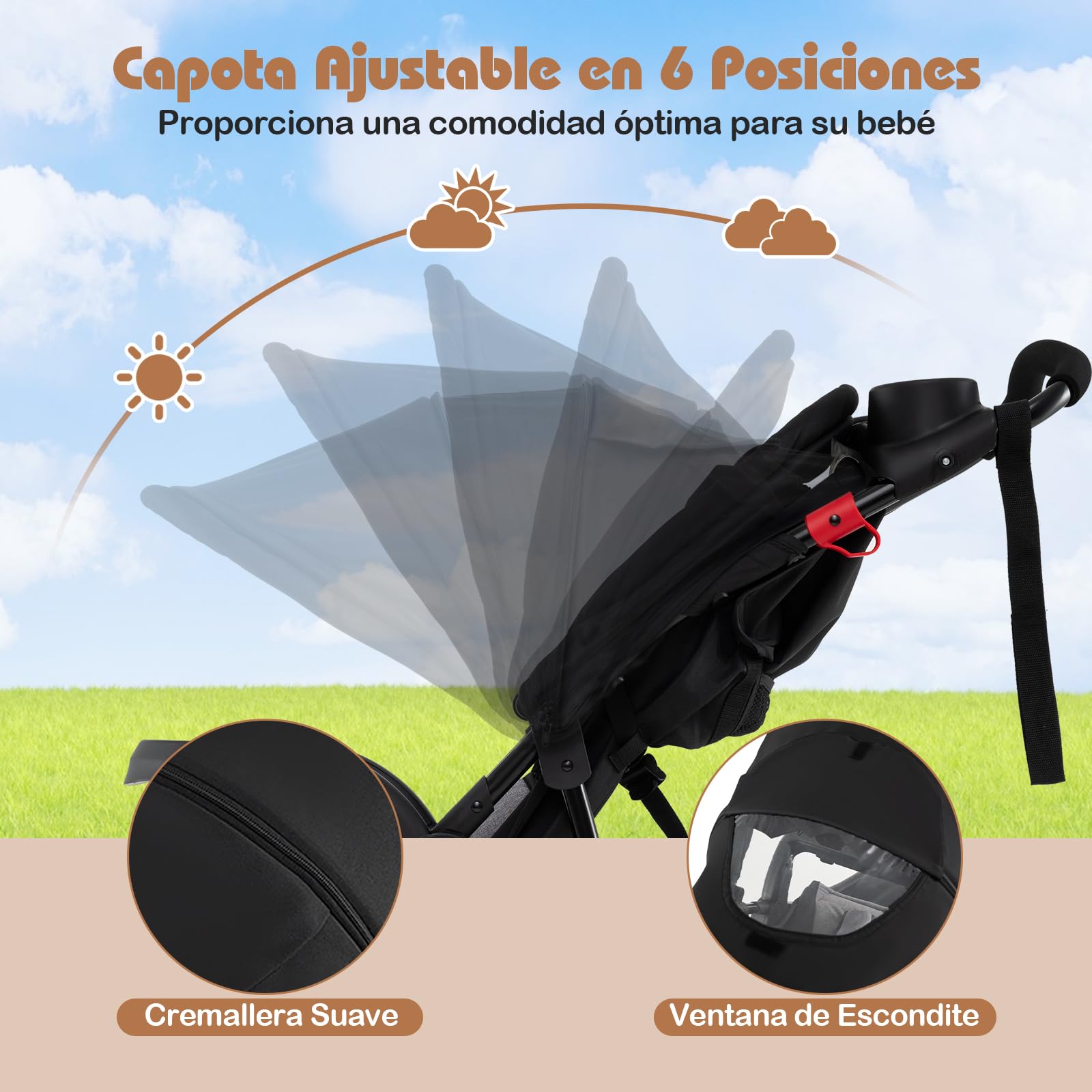 COSTWAY Silla de Paseo Ligera, Carrito Bebé Plegable con Dosel Ajustable, Asiento Reclinable, Bandeja Desmontable, Bolsa de Almacenaje y Ruedas Infladss, Carro para Bebés de 0 a 48 Meses