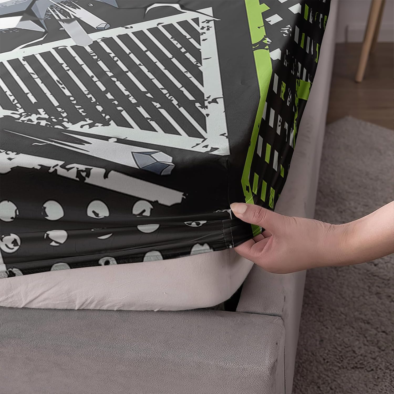 AILONEN Kids Soccer Bedding Fitted Sheet Set Twin Size,A Football Breaks Through The Wall Comforter Set,Green Graffiti Soccer Pattern Bedsheets Set Set,3-Piece 1 Sheet Set with 2 Pillowcases