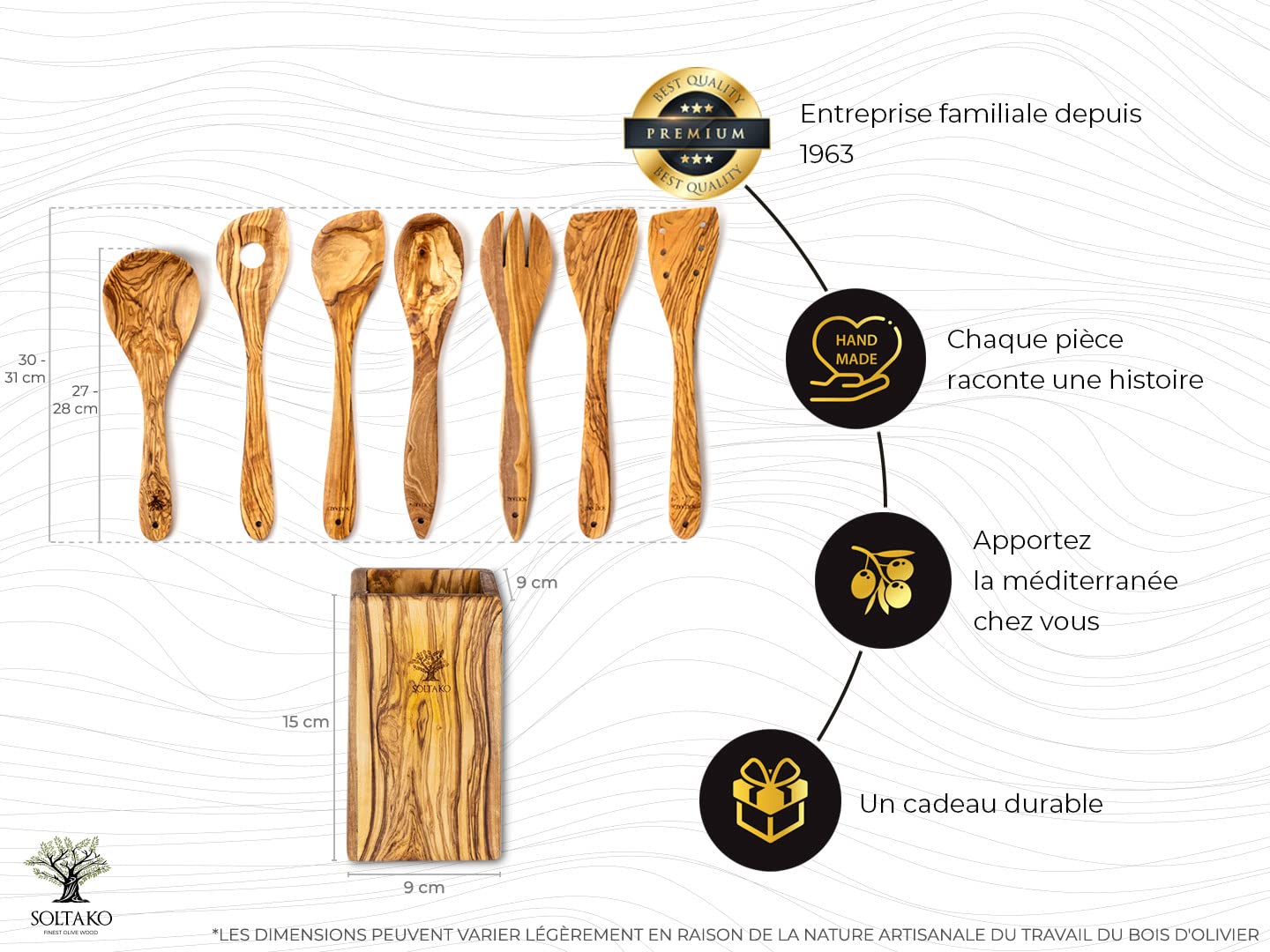 SOLTAKO Ustensiles de Cuisine avec Support, Lot de 7 Cuillères de Cuisine, Spatules, Palettes, Cuillères, Couvert à Salade en Bois d’Olivier Brut, Cuisine Accessoires 30cm