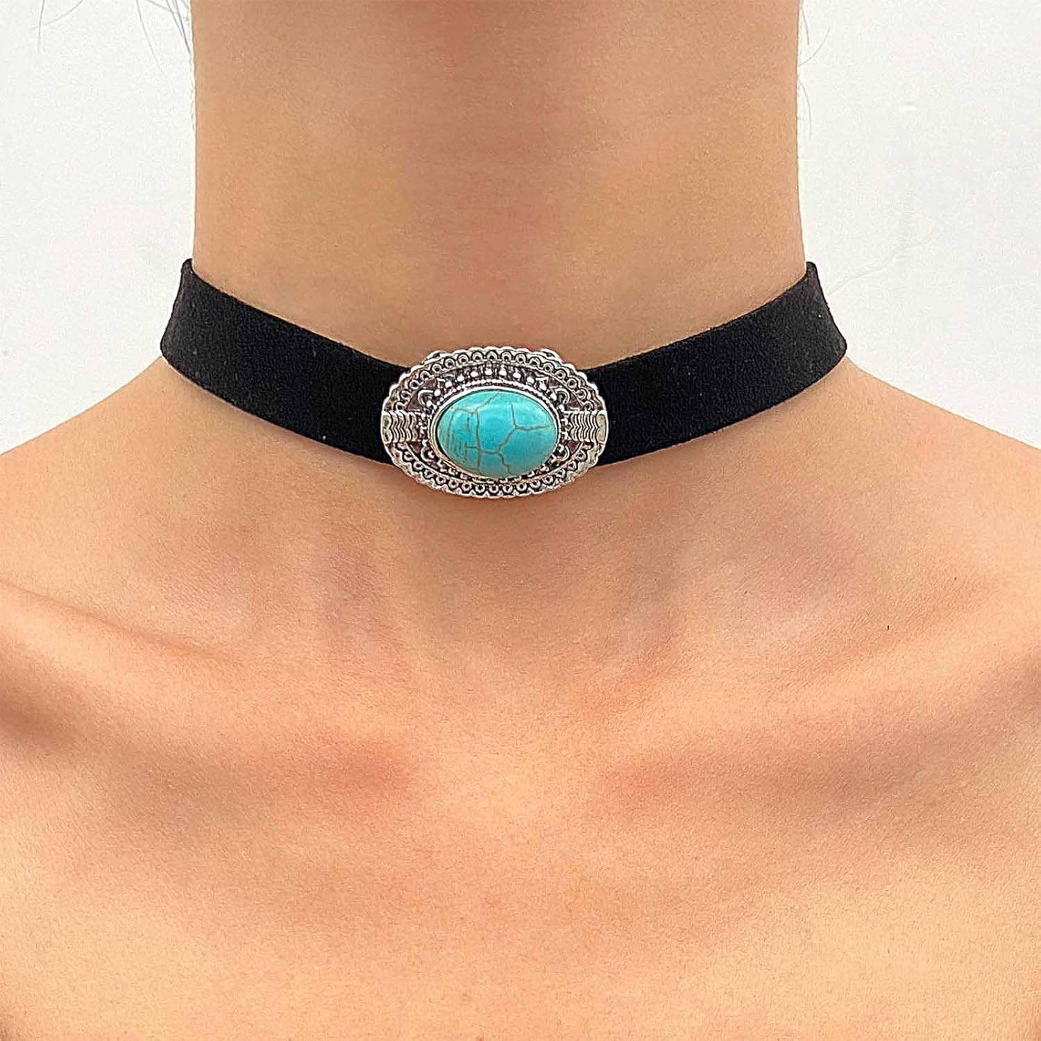 Vintage Turquoise Velvet Choker Necklace Black Velvet Collar Necklace Short Velvet Suede Necklace Gothic Choker Necklace Oval Turquoise Choker Necklace Jewelry for Women - Image 2